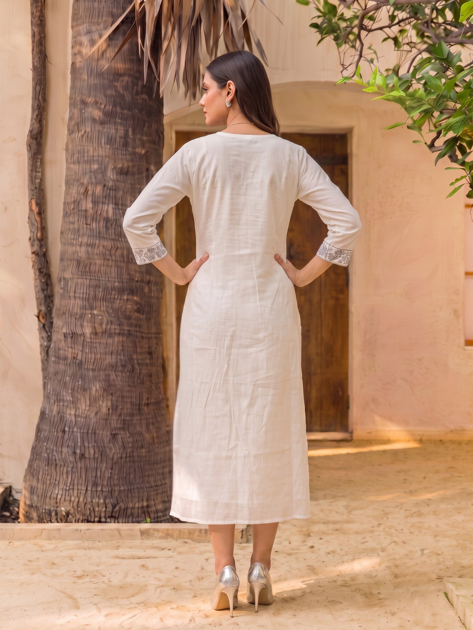 Viscose Embroidered Straight Calf Length Dress