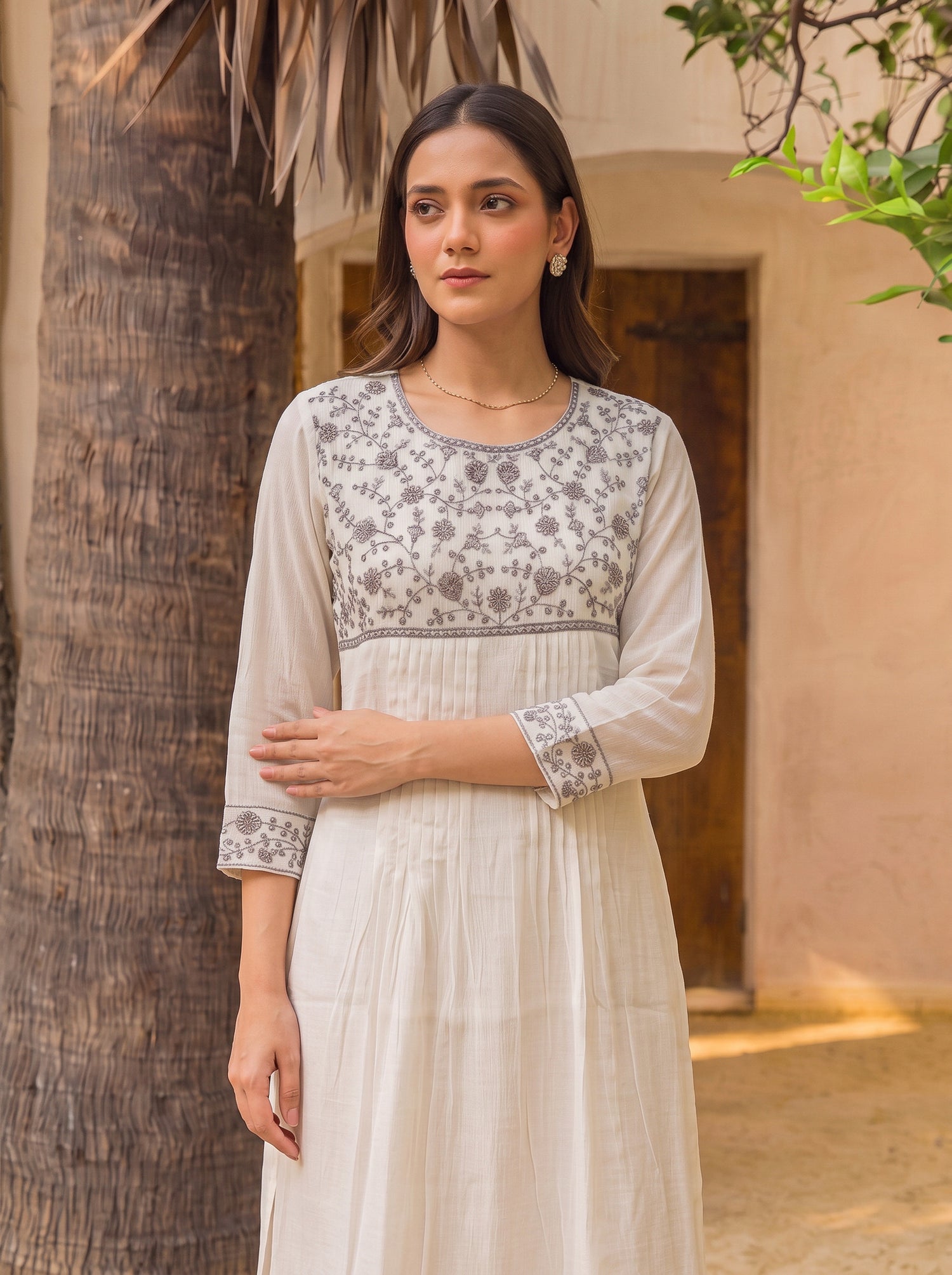 Buy Viscose Embroidered Straight Calf Length Dress-Off White