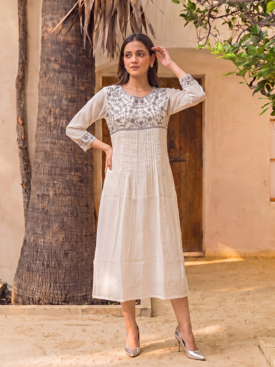 Buy Viscose Embroidered Straight Calf Length Dress-Off White