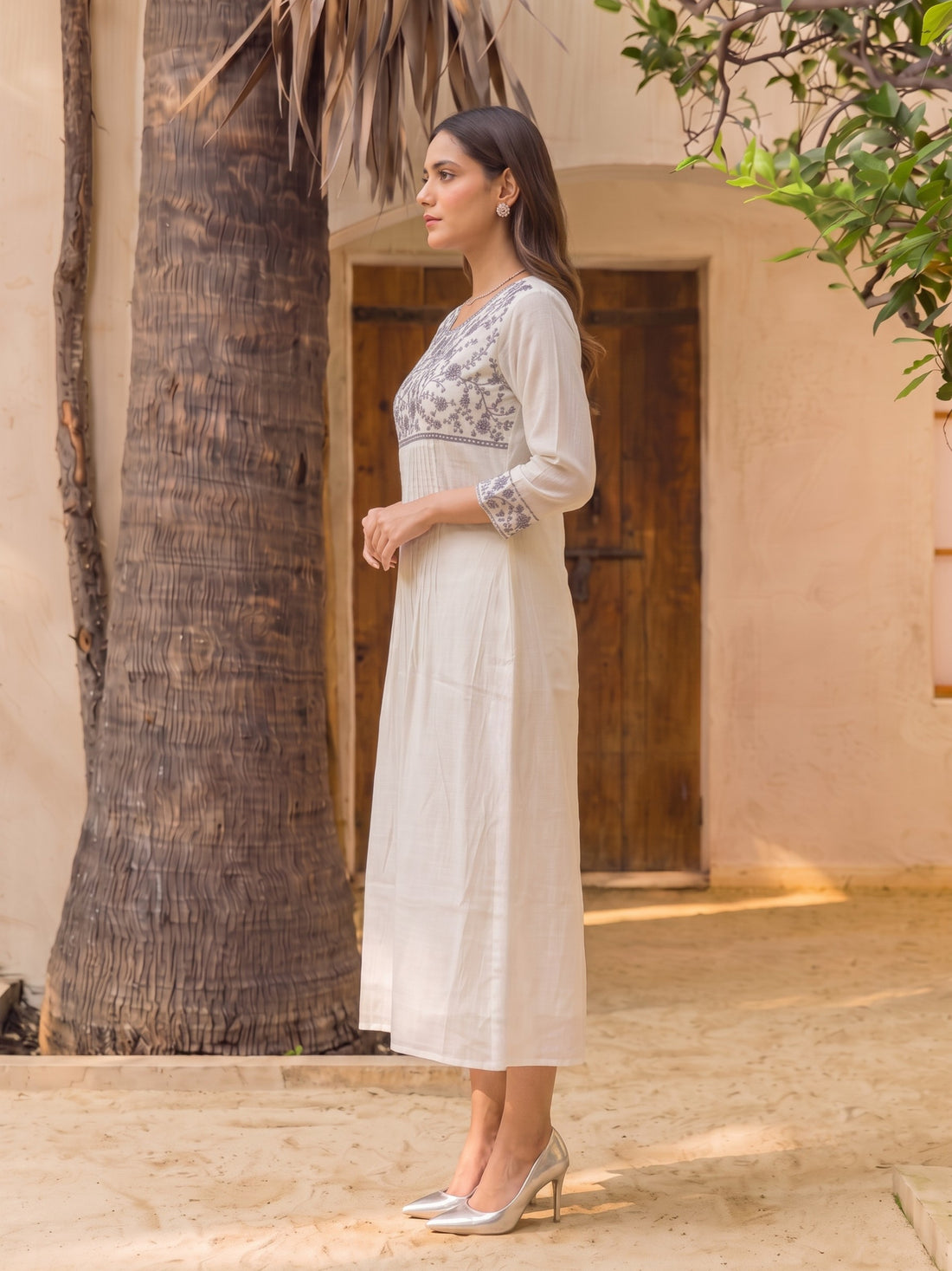 Buy Viscose Embroidered Straight Calf Length Dress-Off White
