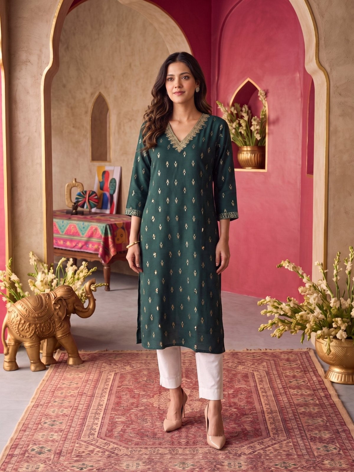 Buy Rayon Embroidered Straight Calf Length Kurta-Green