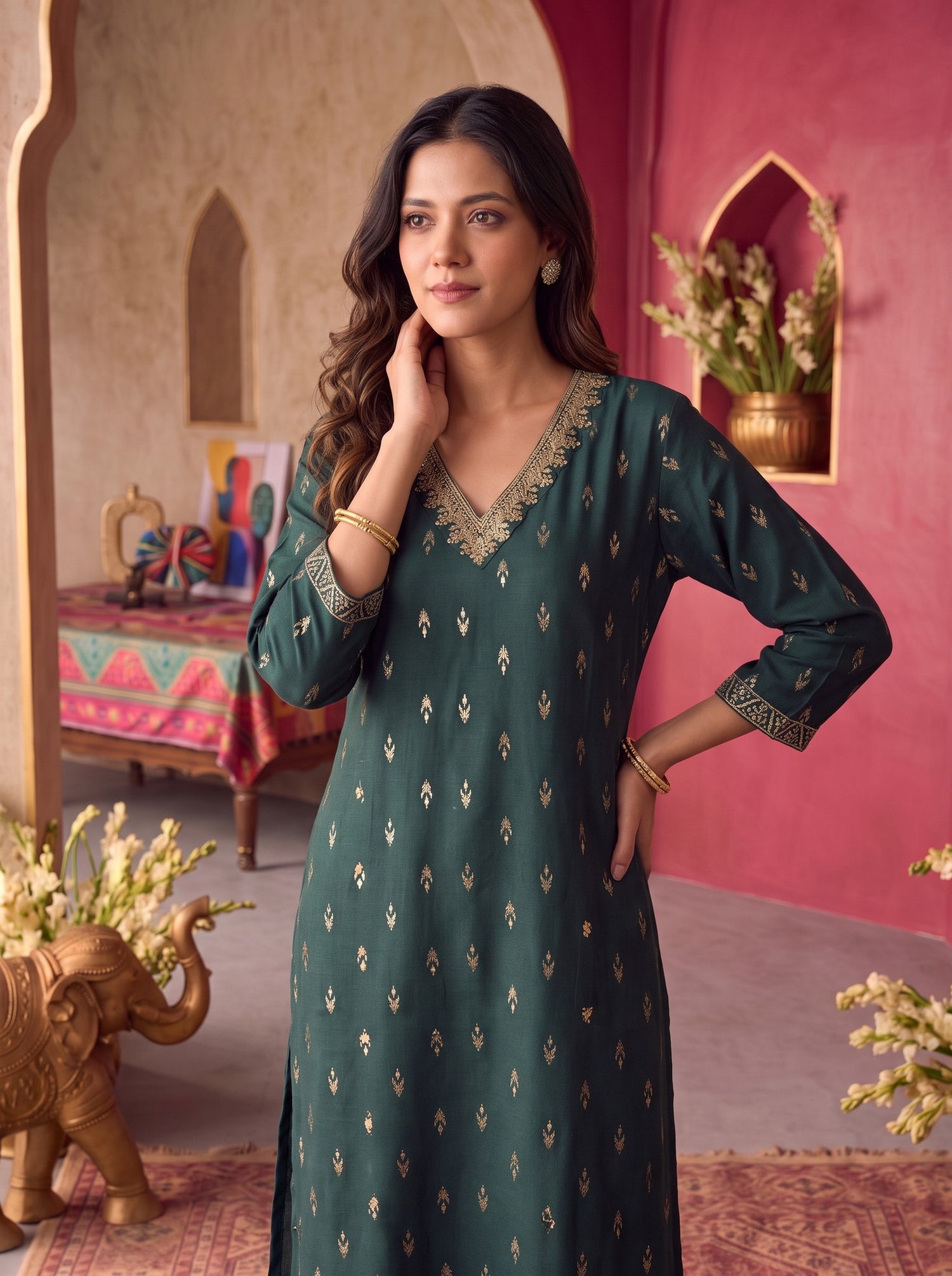 Buy Rayon Embroidered Straight Calf Length Kurta-Green