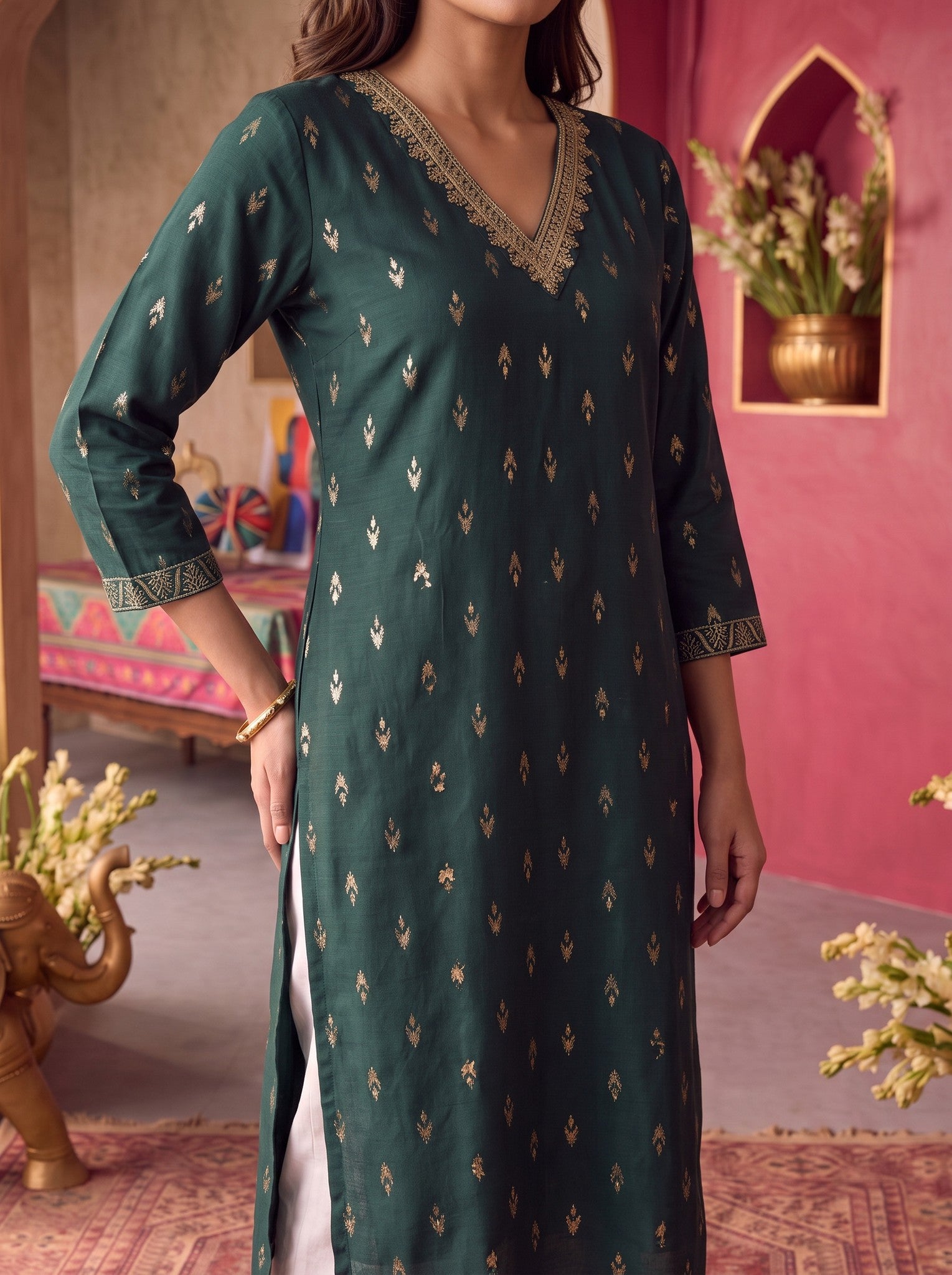 Rayon Embroidered Straight Calf Length Kurta