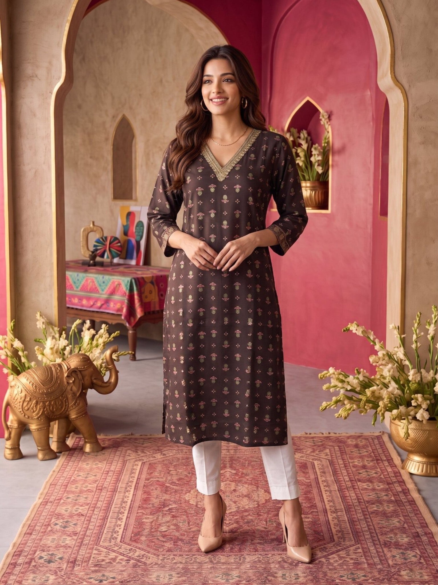 Rayon Embroidered Straight Calf Length Kurta