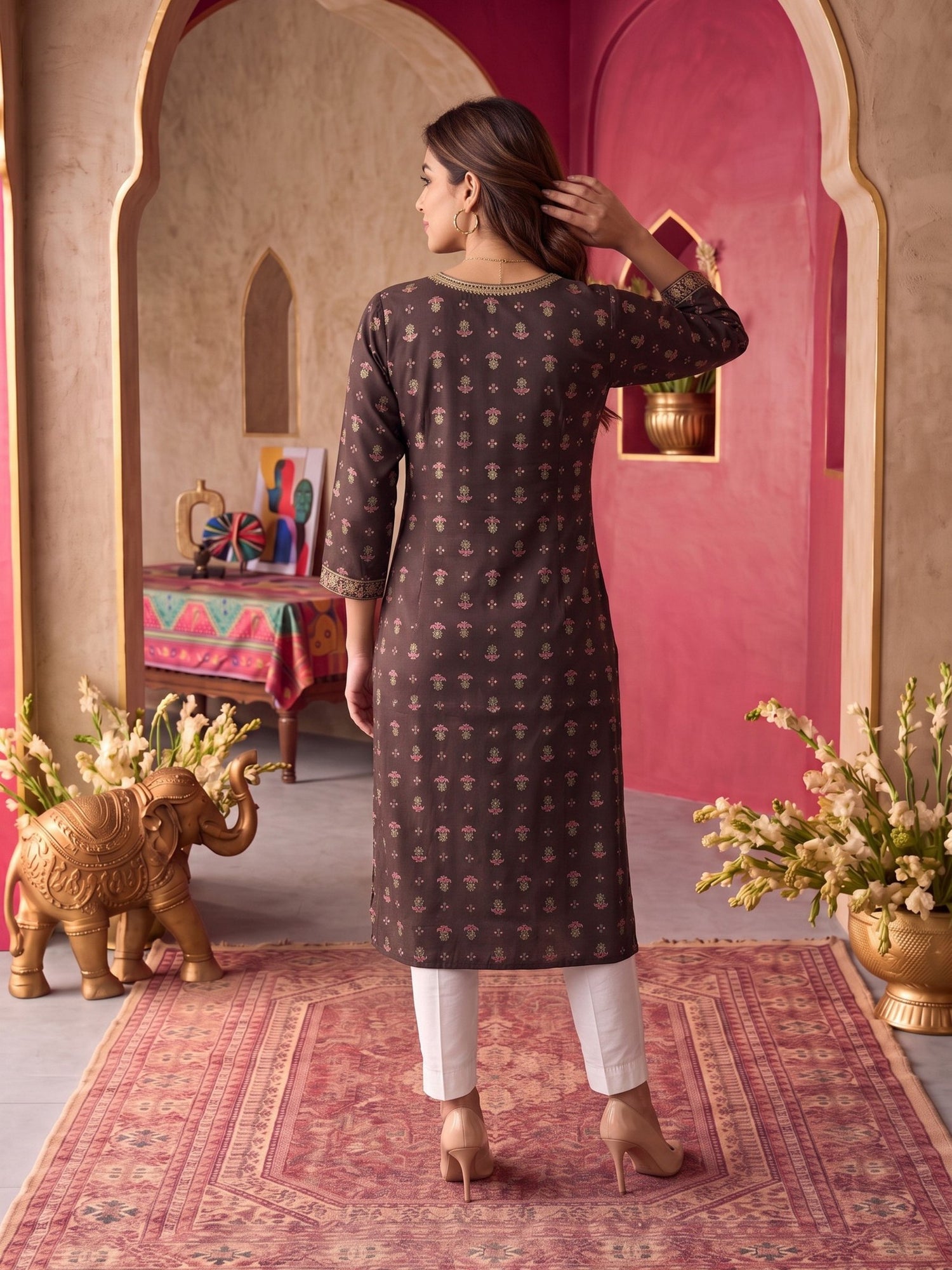 Buy Rayon Embroidered Straight Calf Length Kurta-Brown