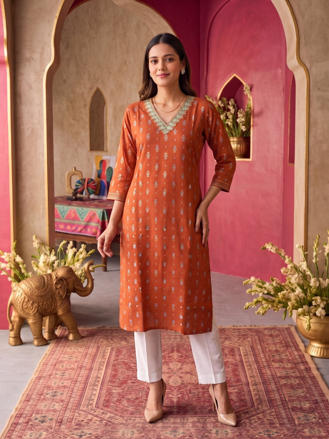 Buy Rayon Embroidered Straight Calf Length Kurta-Rust