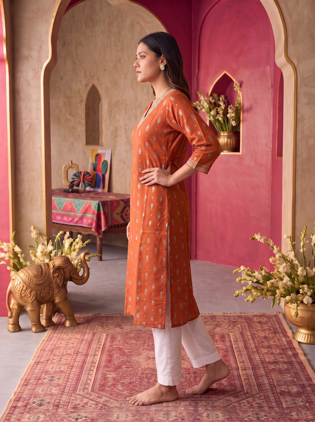 Buy Rayon Embroidered Straight Calf Length Kurta-Rust