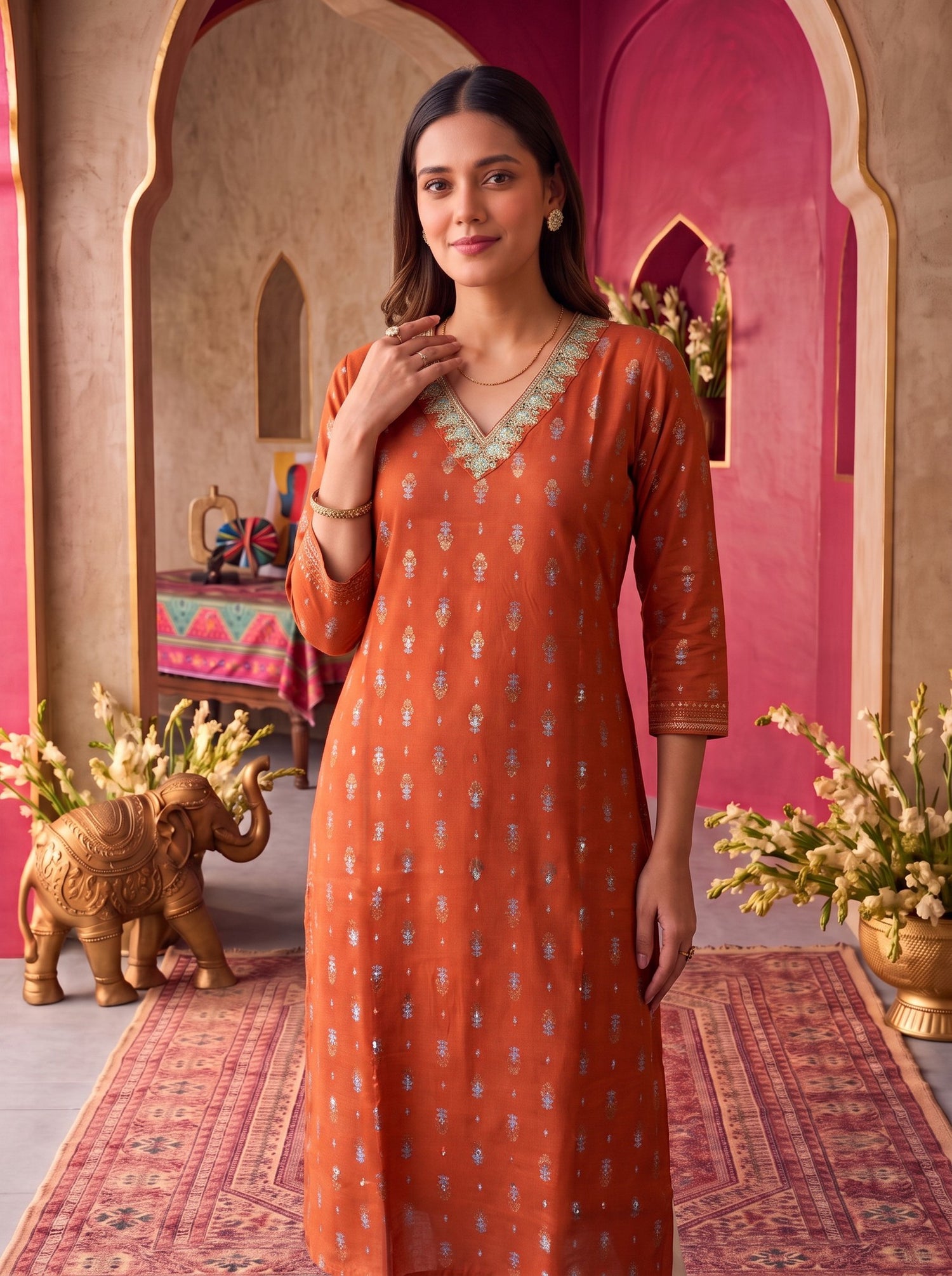 Buy Rayon Embroidered Straight Calf Length Kurta-Rust