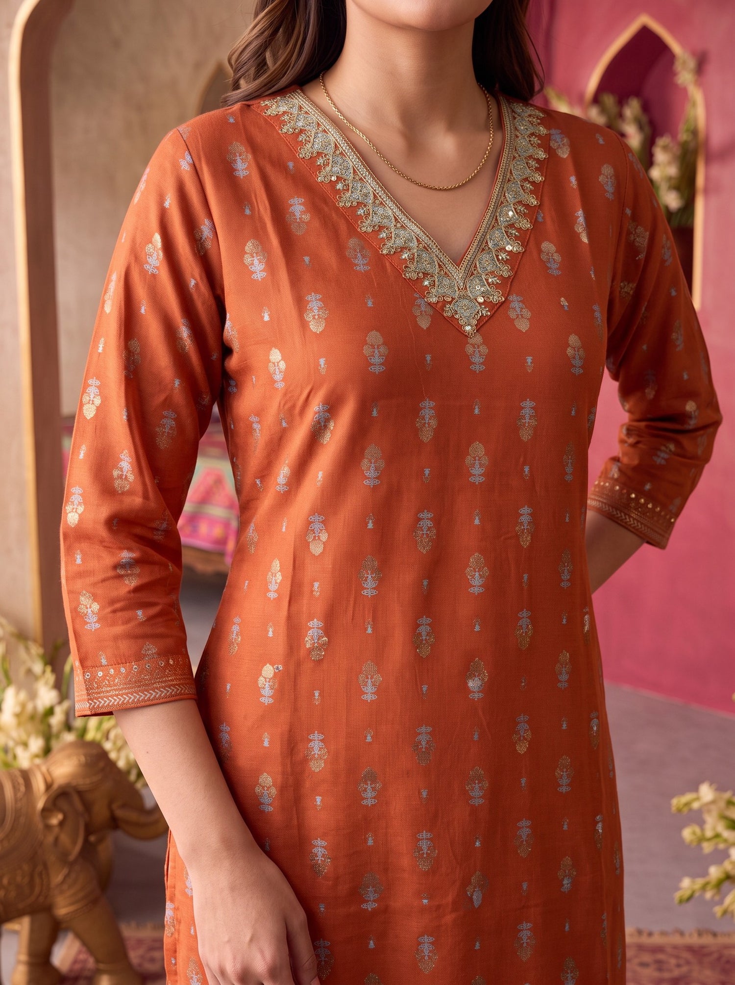 Buy Rayon Embroidered Straight Calf Length Kurta-Rust