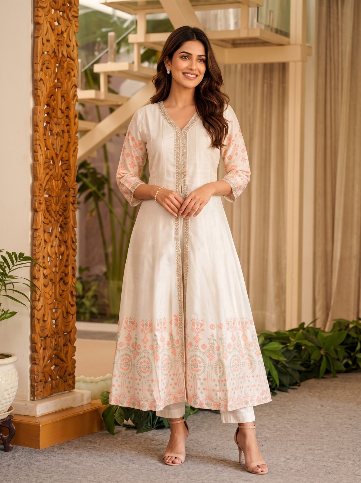 Viscose Embroidered Flared Calf Length Kurta