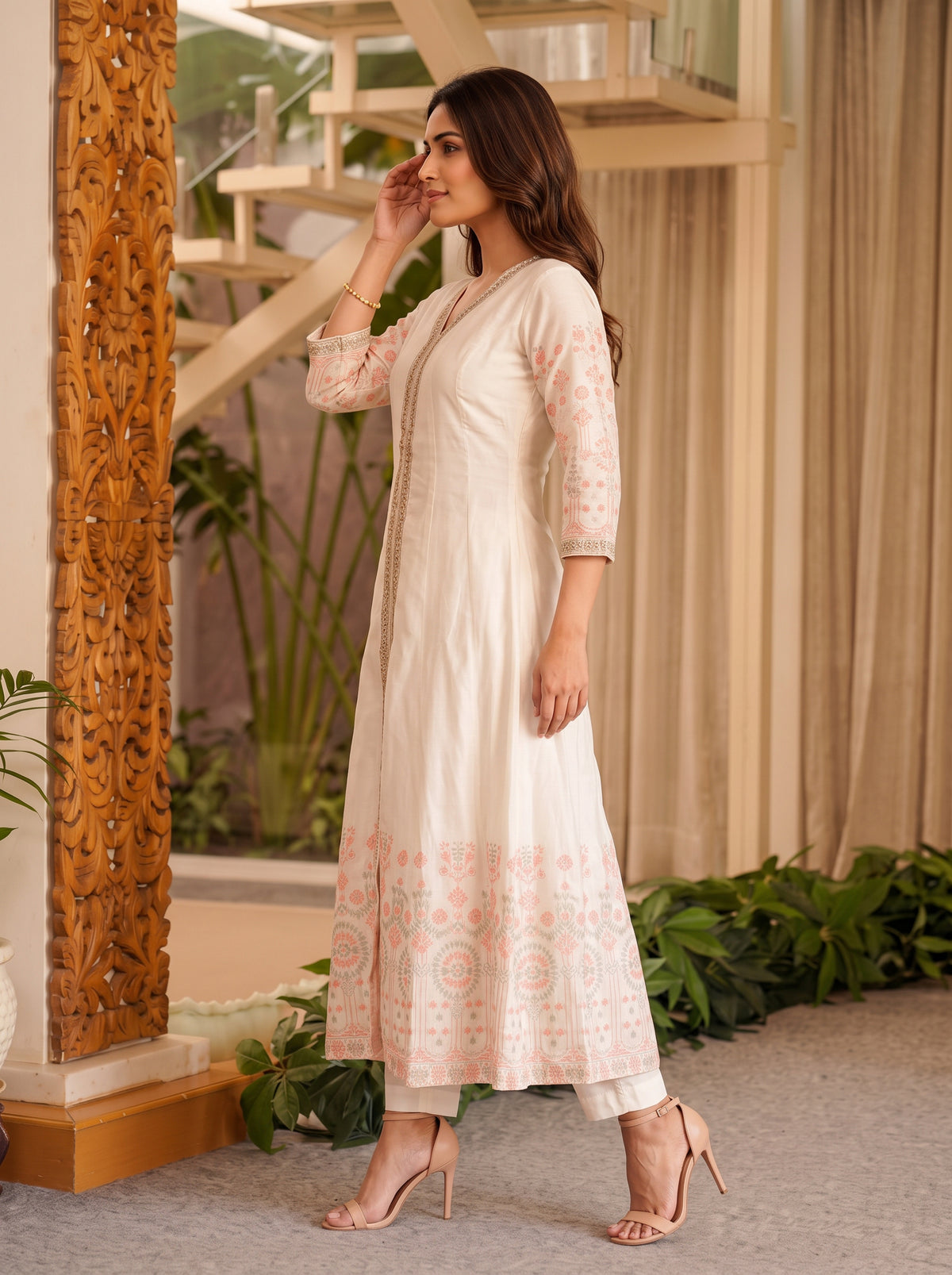 Buy Viscose Embroidered Flared Calf Length Kurta-Off White