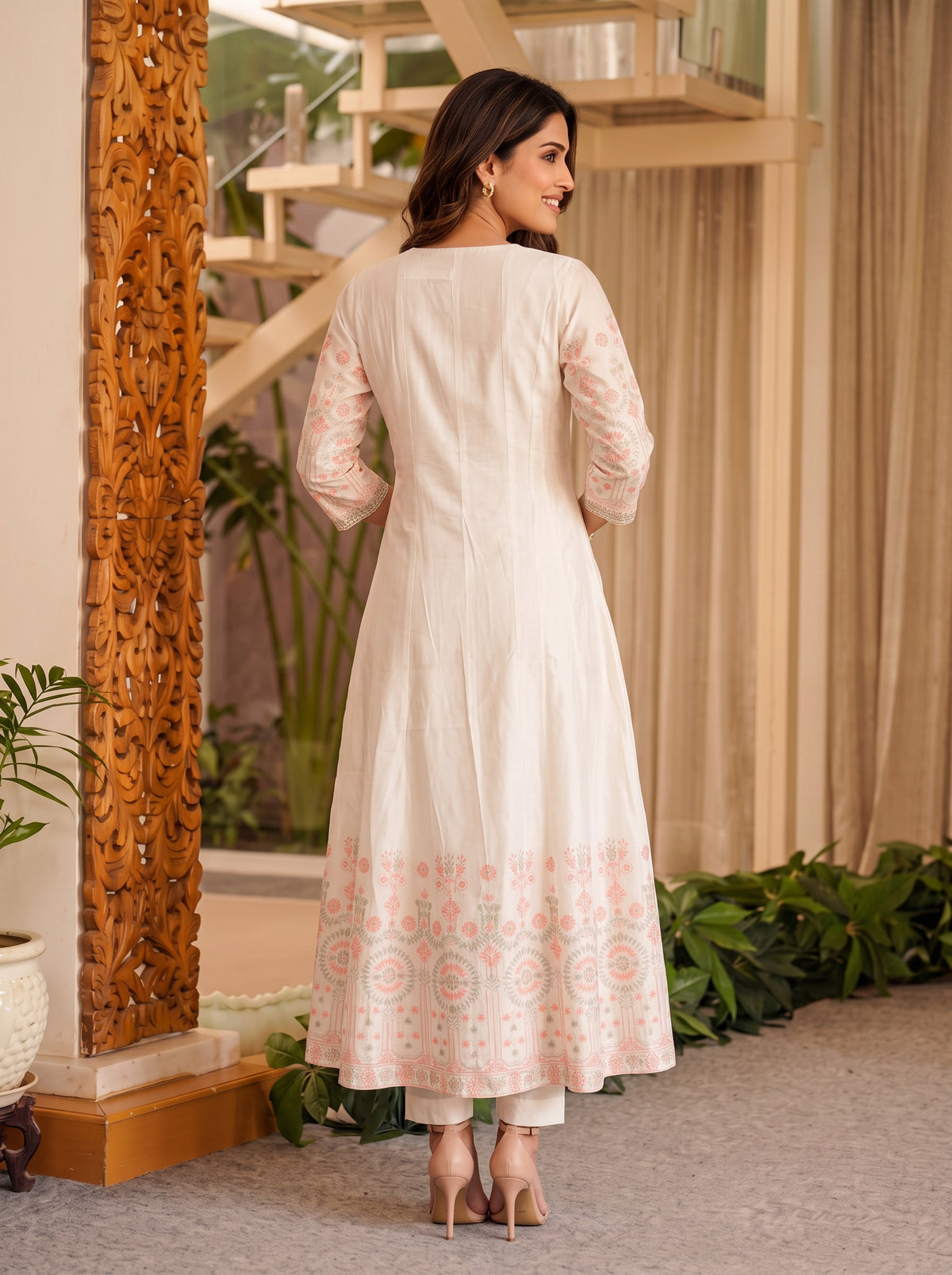 Buy Viscose Embroidered Flared Calf Length Kurta-Off White