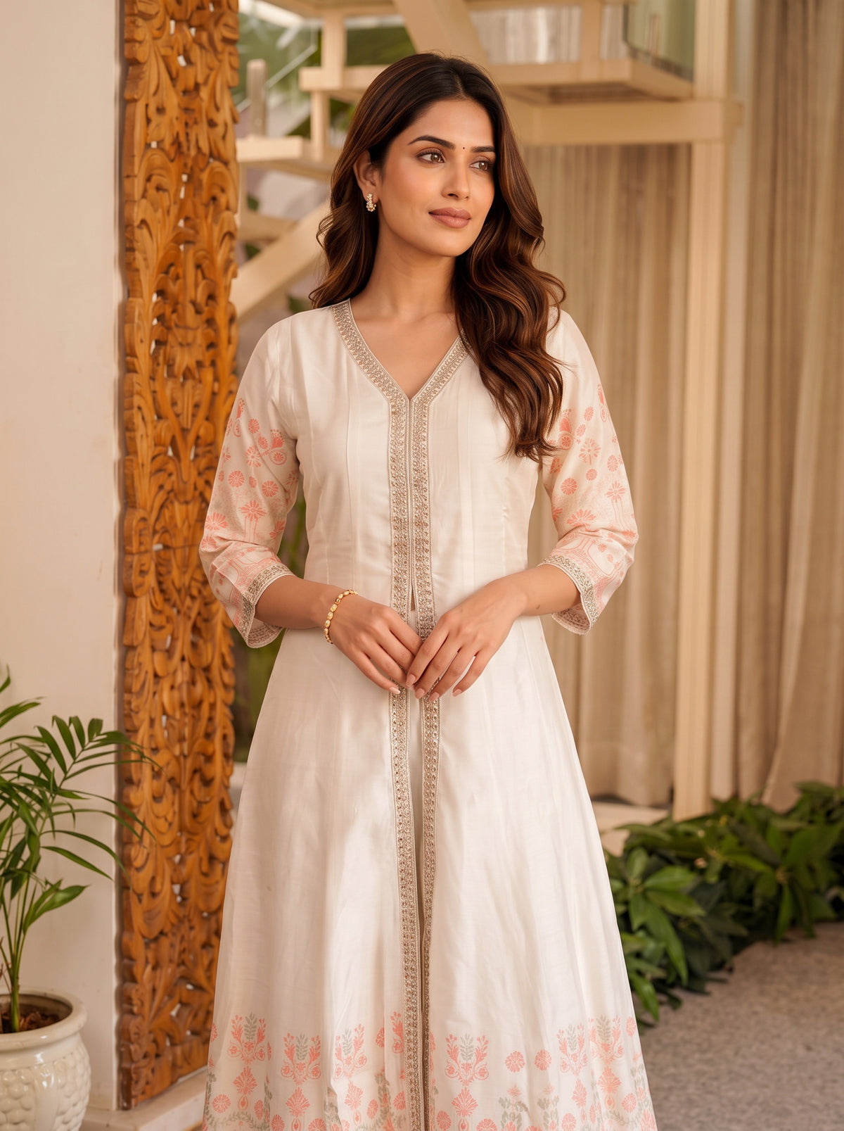 Buy Viscose Embroidered Flared Calf Length Kurta-Off White