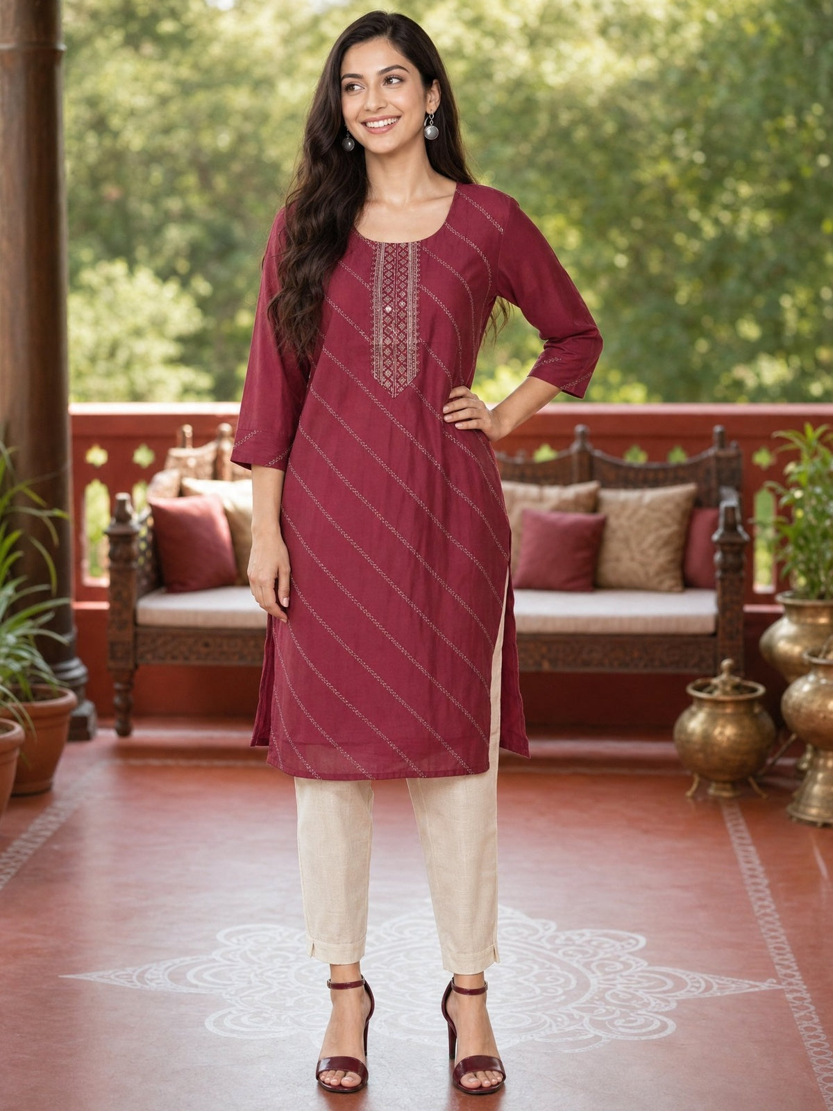 Buy Poly Viscose Embroidered Straight Calf Length Kurta-Red