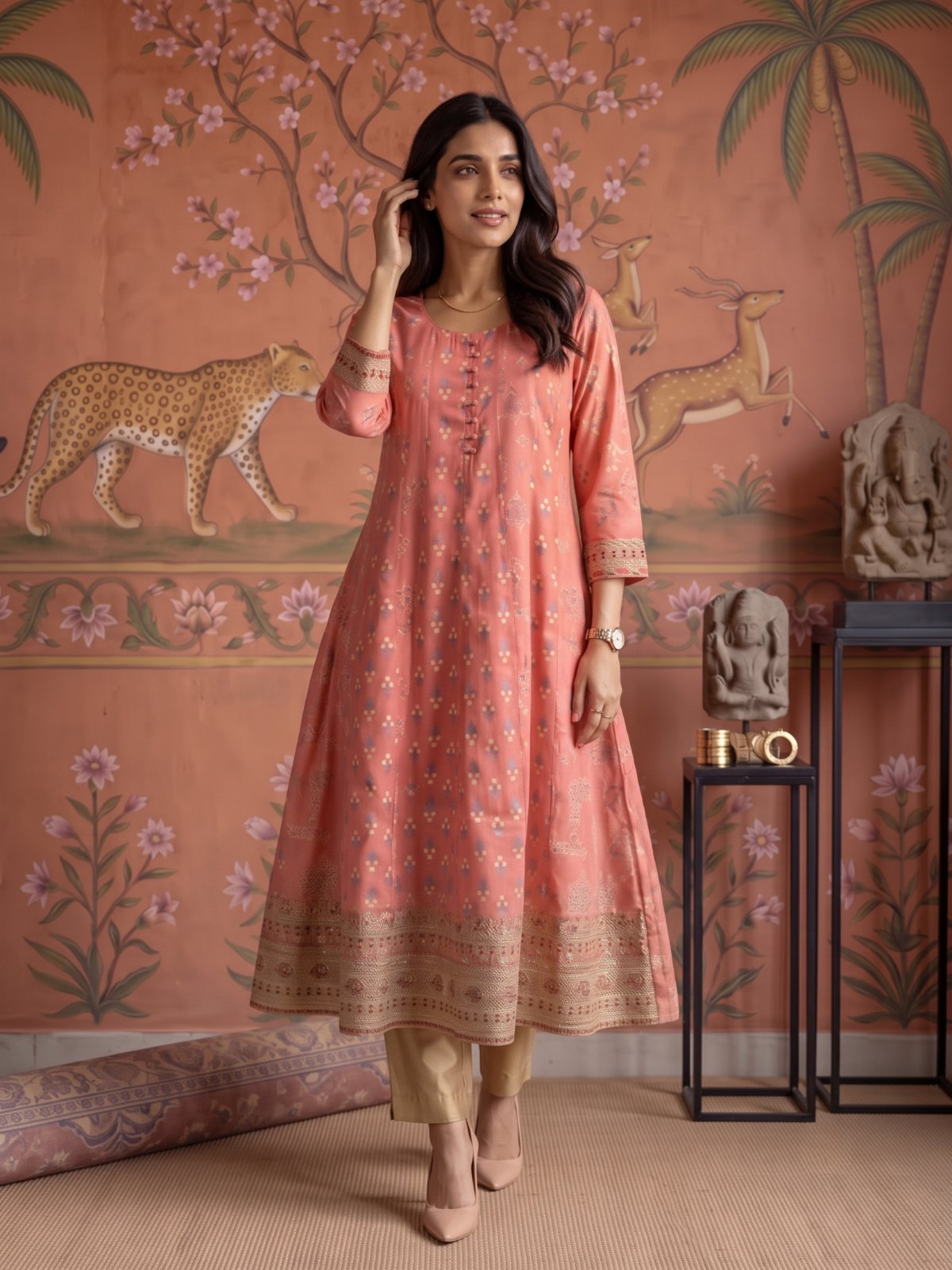 Viscose Embroidered Flared Calf Length Kurta