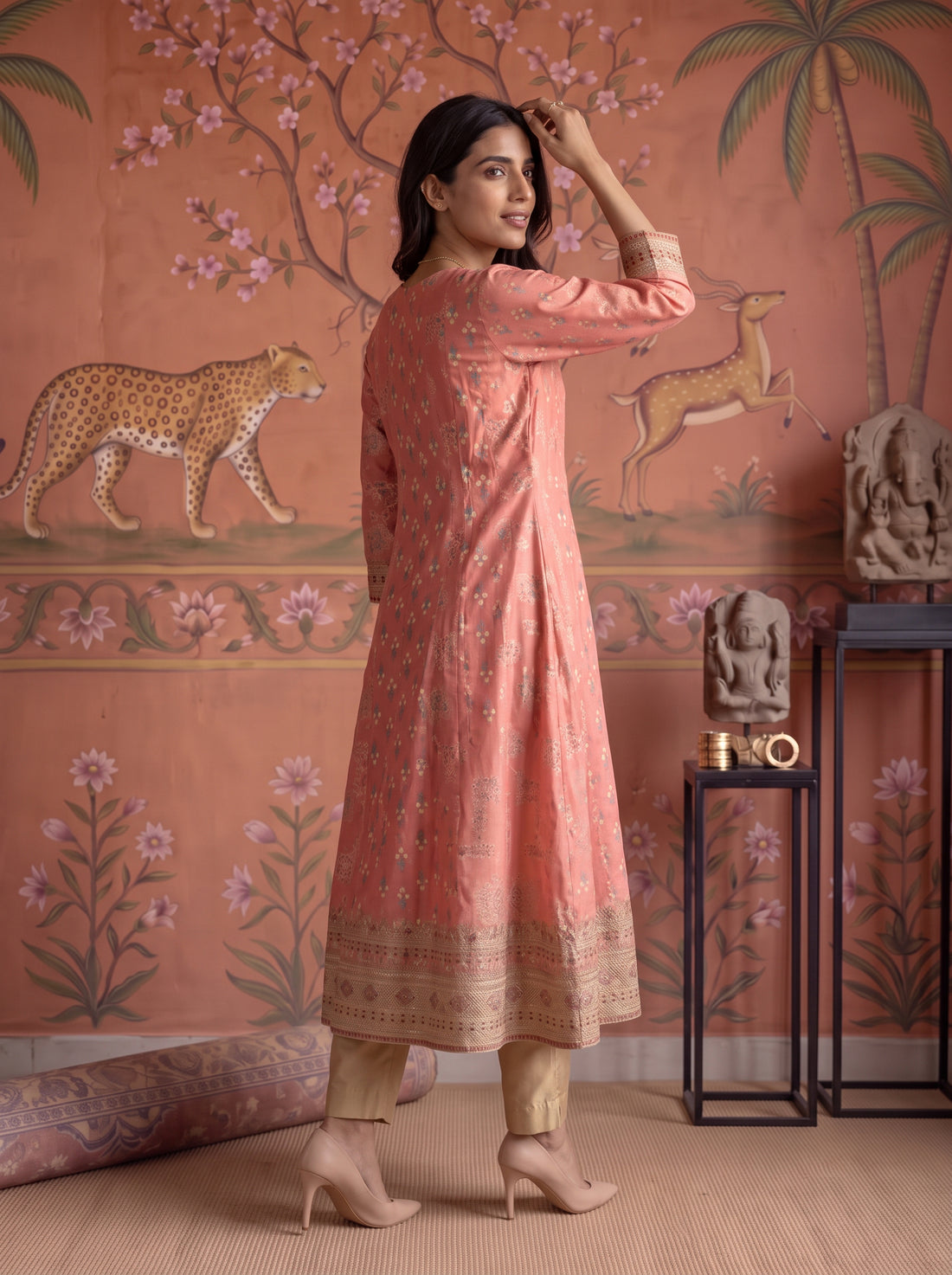 Buy Viscose Embroidered Flared Calf Length Kurta-Orange