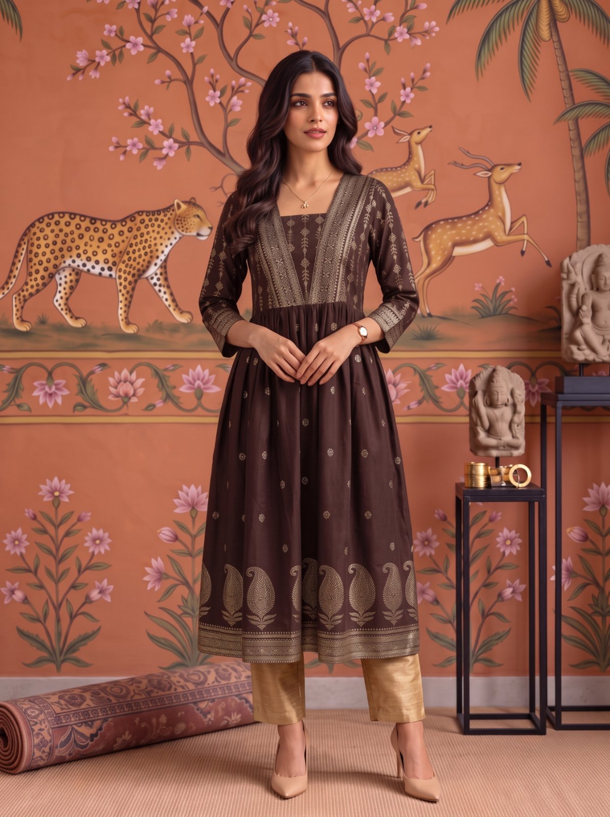 Buy Viscose Printed Flared Calf Length Kurta-Brown