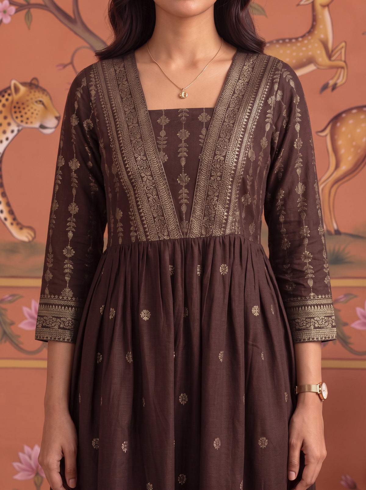 Buy Viscose Printed Flared Calf Length Kurta-Brown