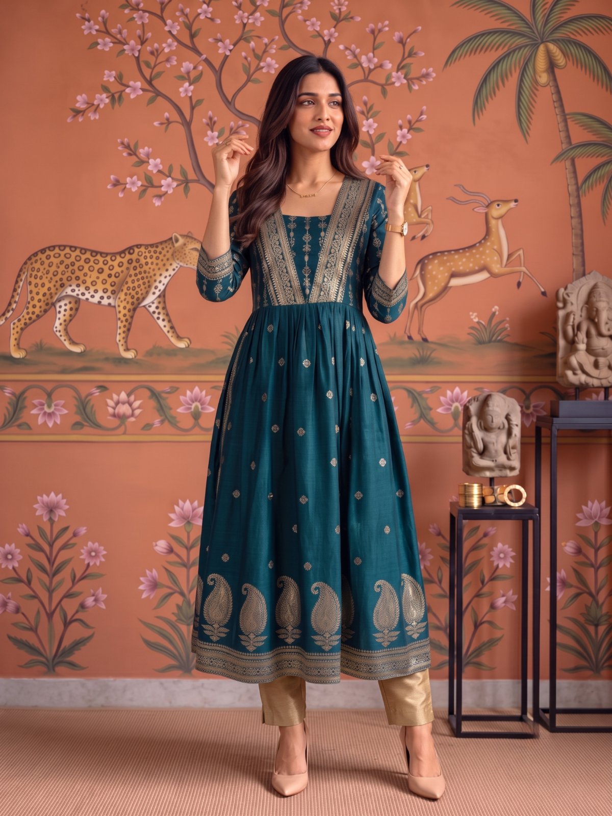 Viscose Printed Flared Calf Length Kurta