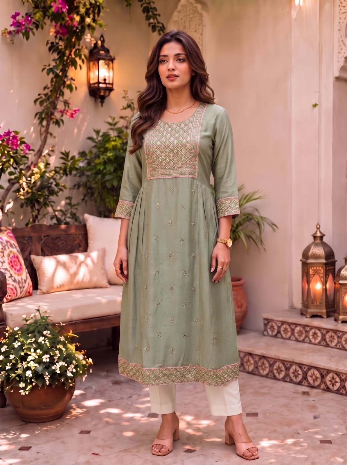 Viscose Embroidered Flared Calf Length Kurta