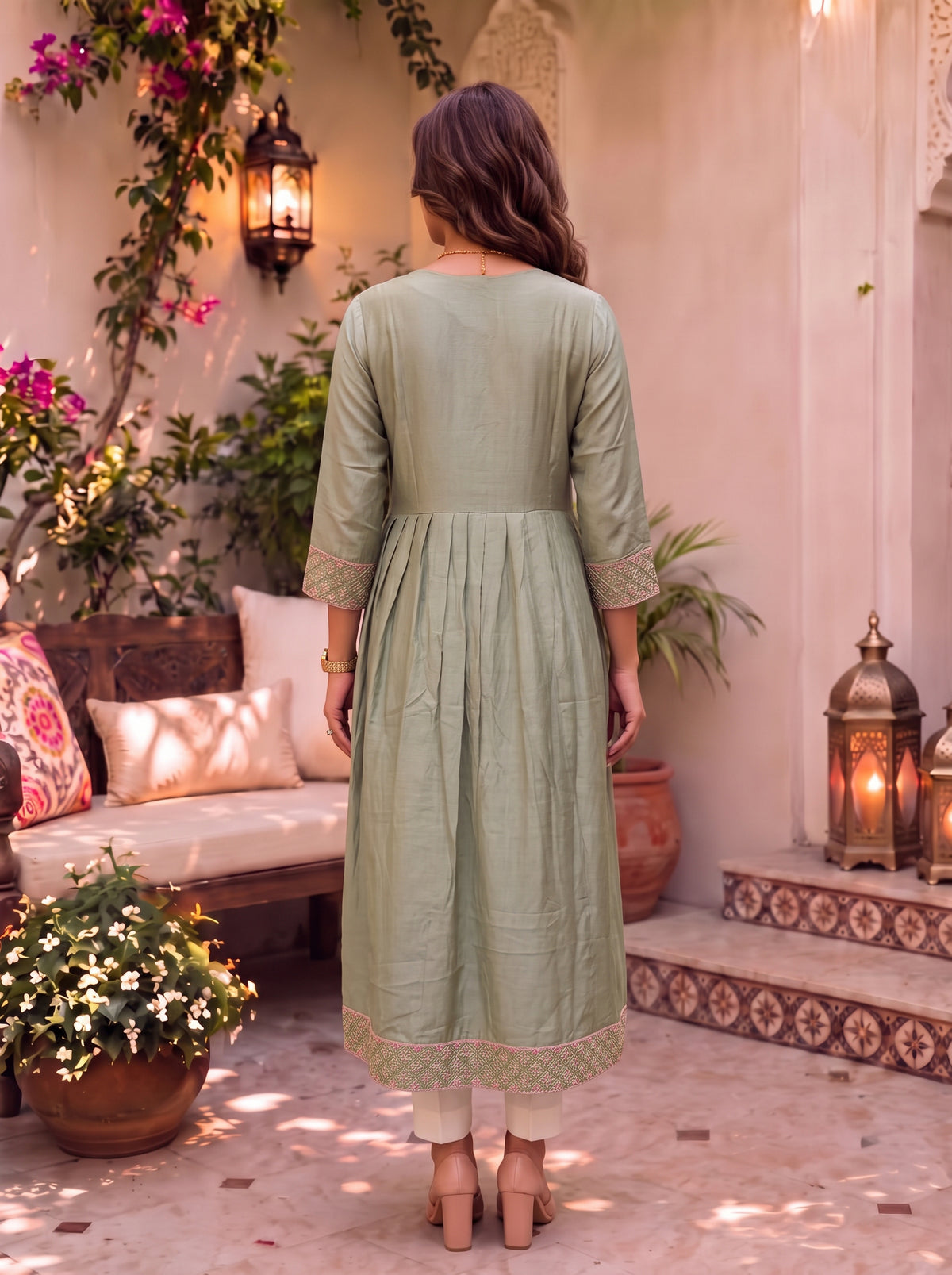 Viscose Embroidered Flared Calf Length Kurta