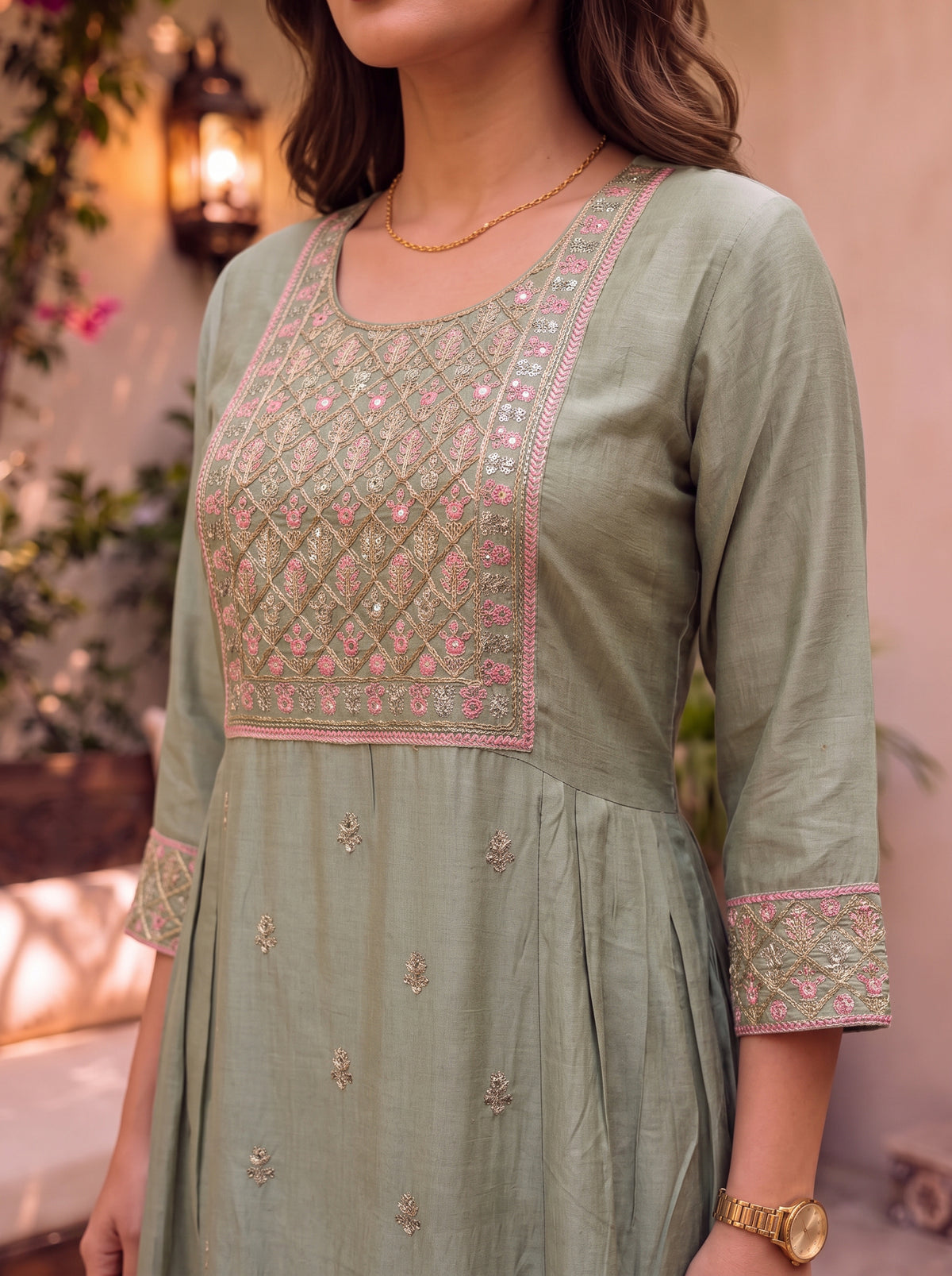 Buy Viscose Embroidered Flared Calf Length Kurta-Green