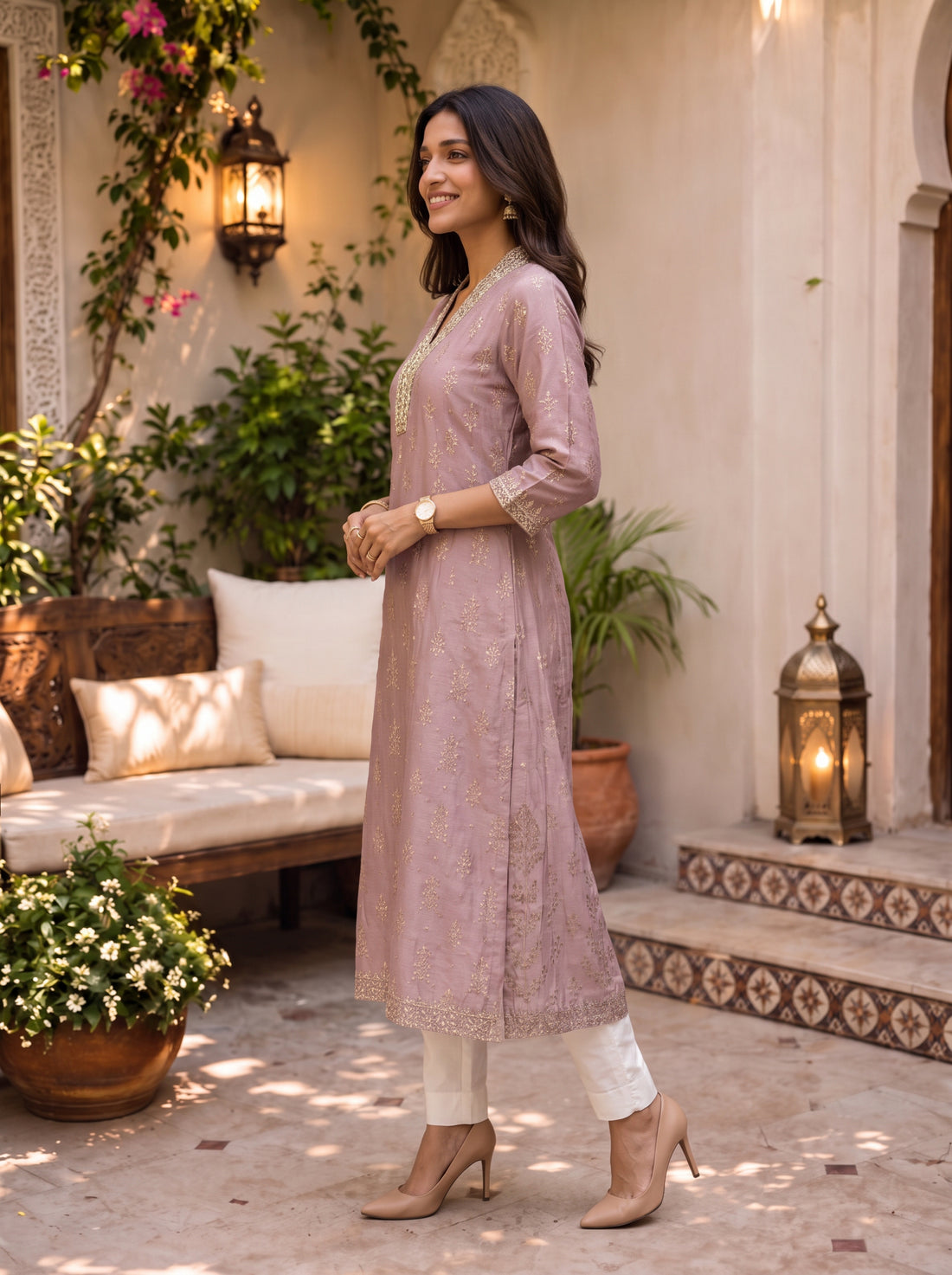 Buy Viscose Embroidered Flared Calf Length Kurta-Pink