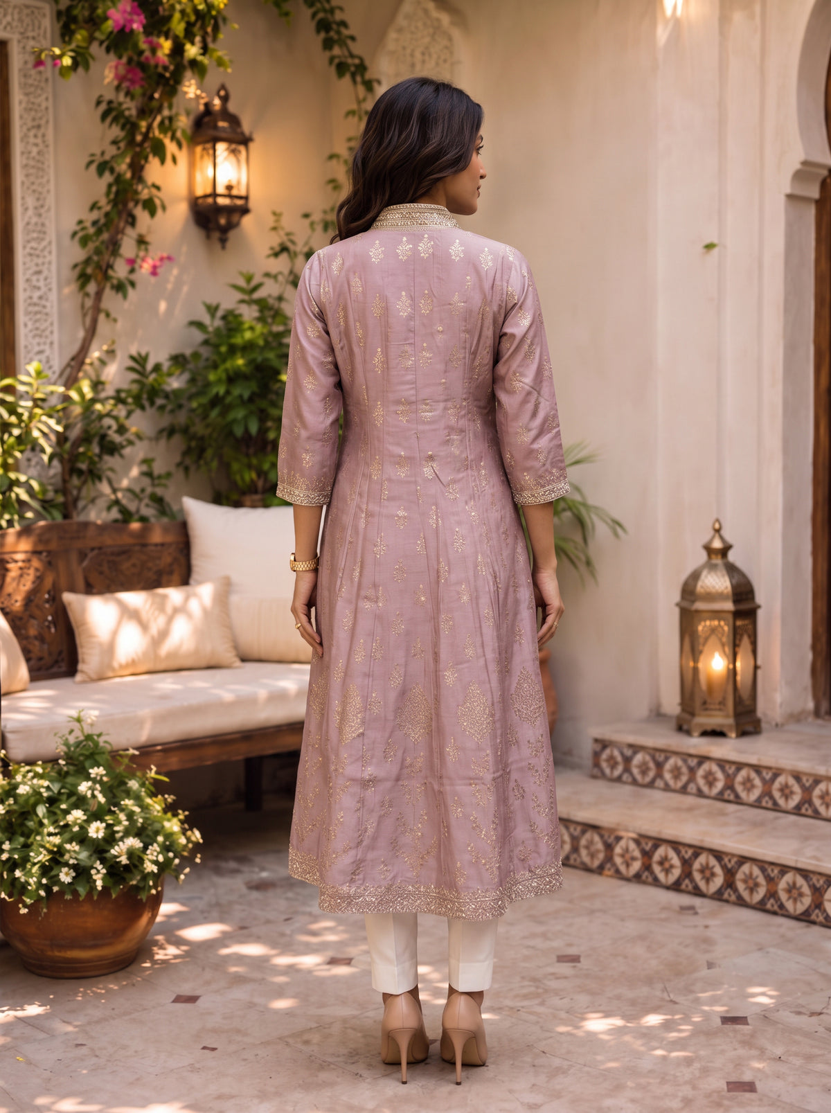 Buy Viscose Embroidered Flared Calf Length Kurta-Pink
