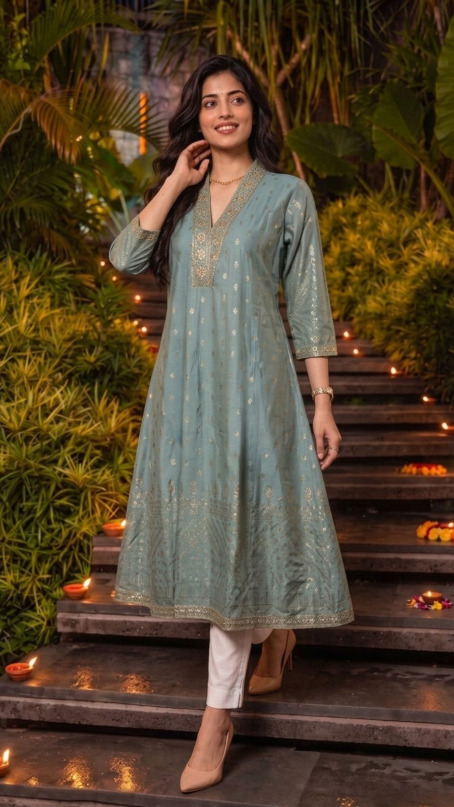 Viscose Embroidered Flared Calf Length Kurta