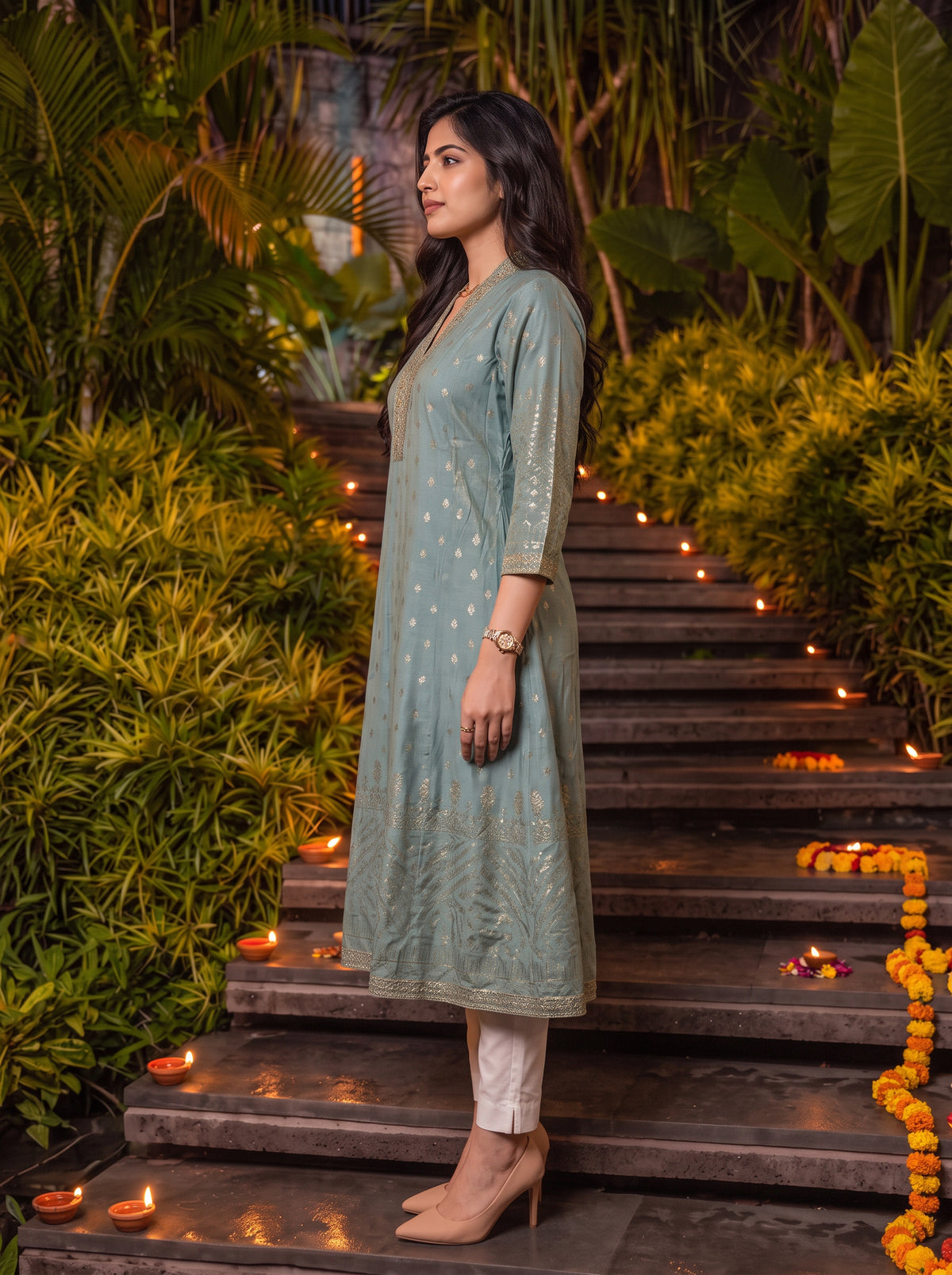 Viscose Embroidered Flared Calf Length Kurta