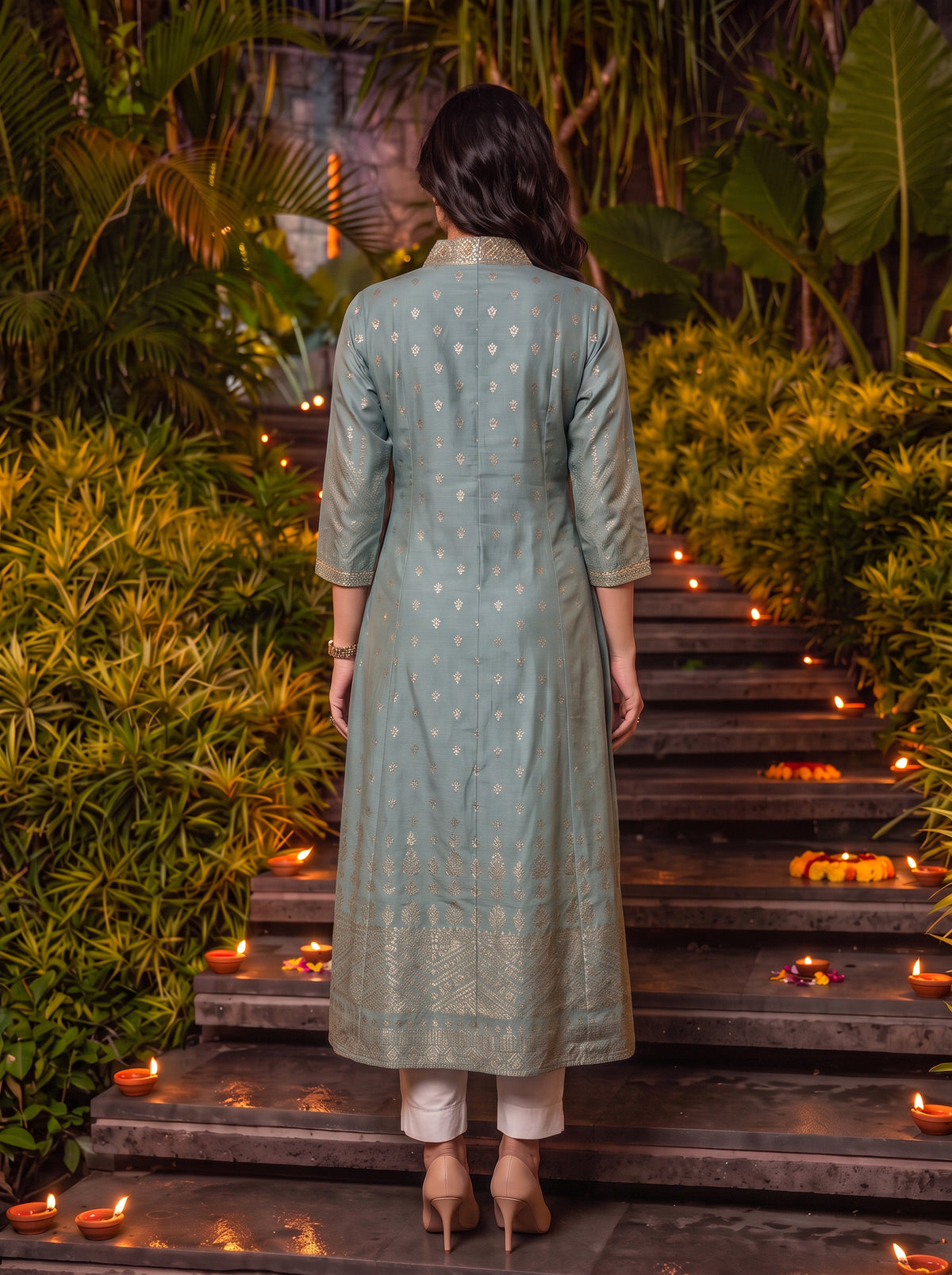 Viscose Embroidered Flared Calf Length Kurta