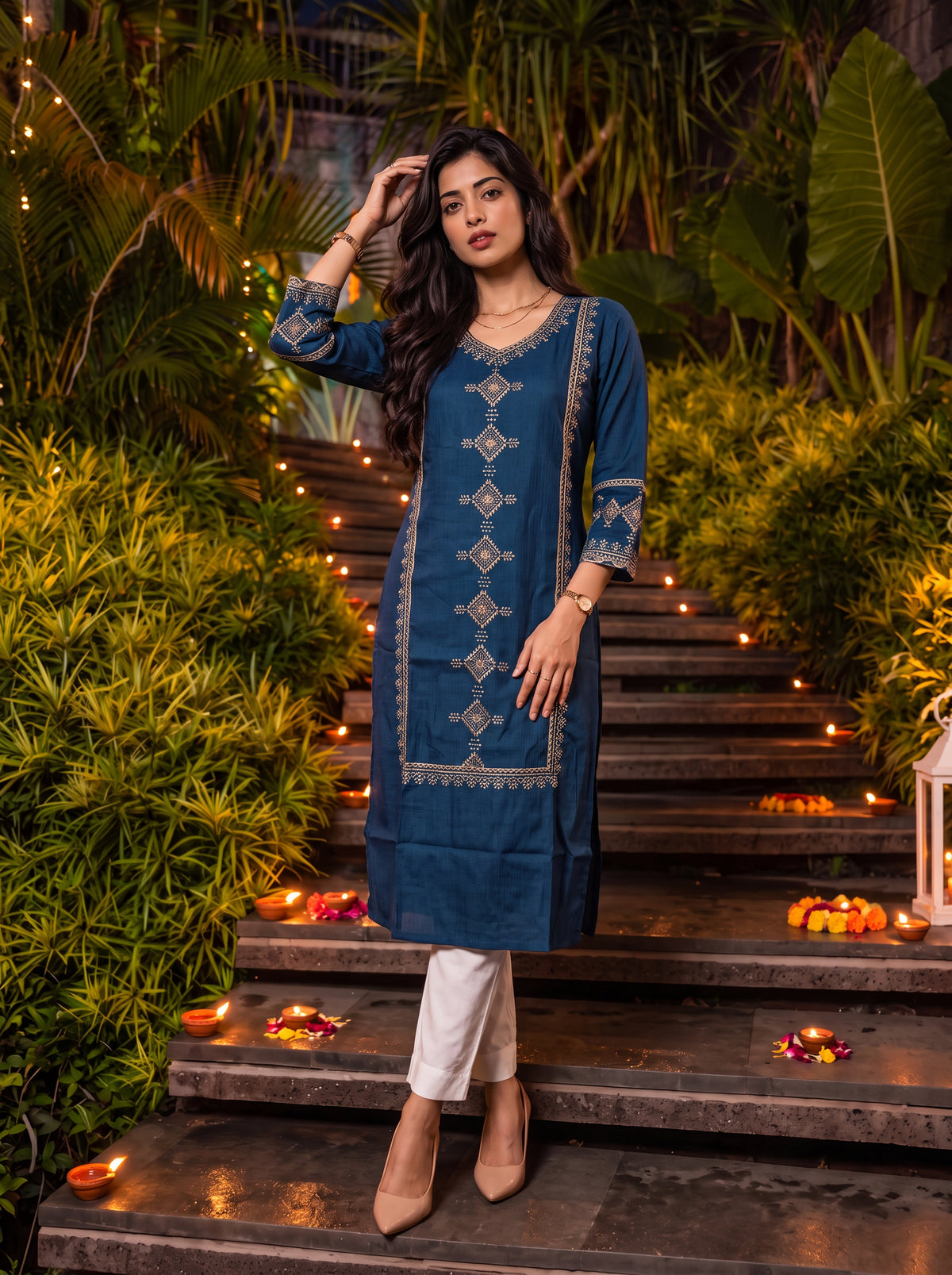 Viscose Embroidered Straight Calf Length Kurta