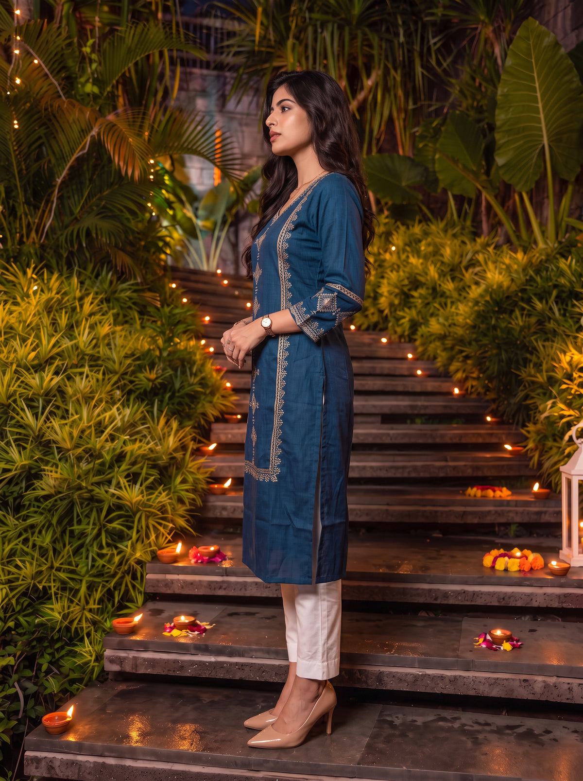 Buy Viscose Embroidered Straight Calf Length Kurta-Blue