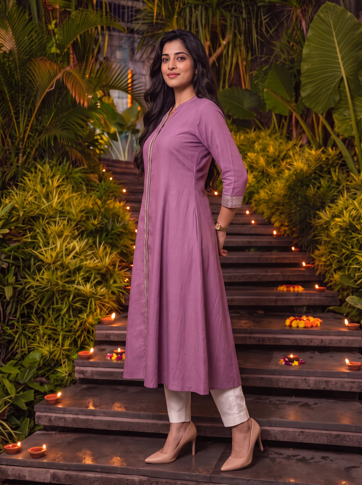 Buy Viscose Embroidered A-Line Calf Length Kurta-Pink
