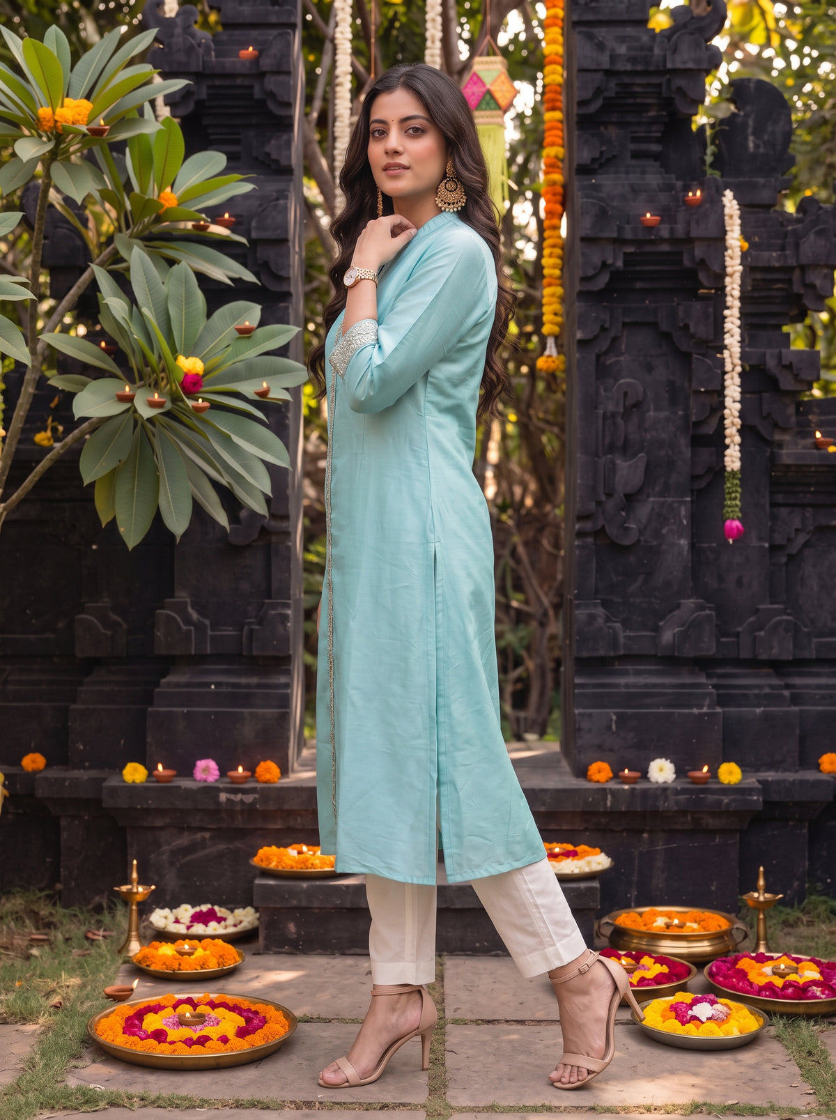 Buy Viscose Embroidered A-Line Calf Length Kurta-Blue