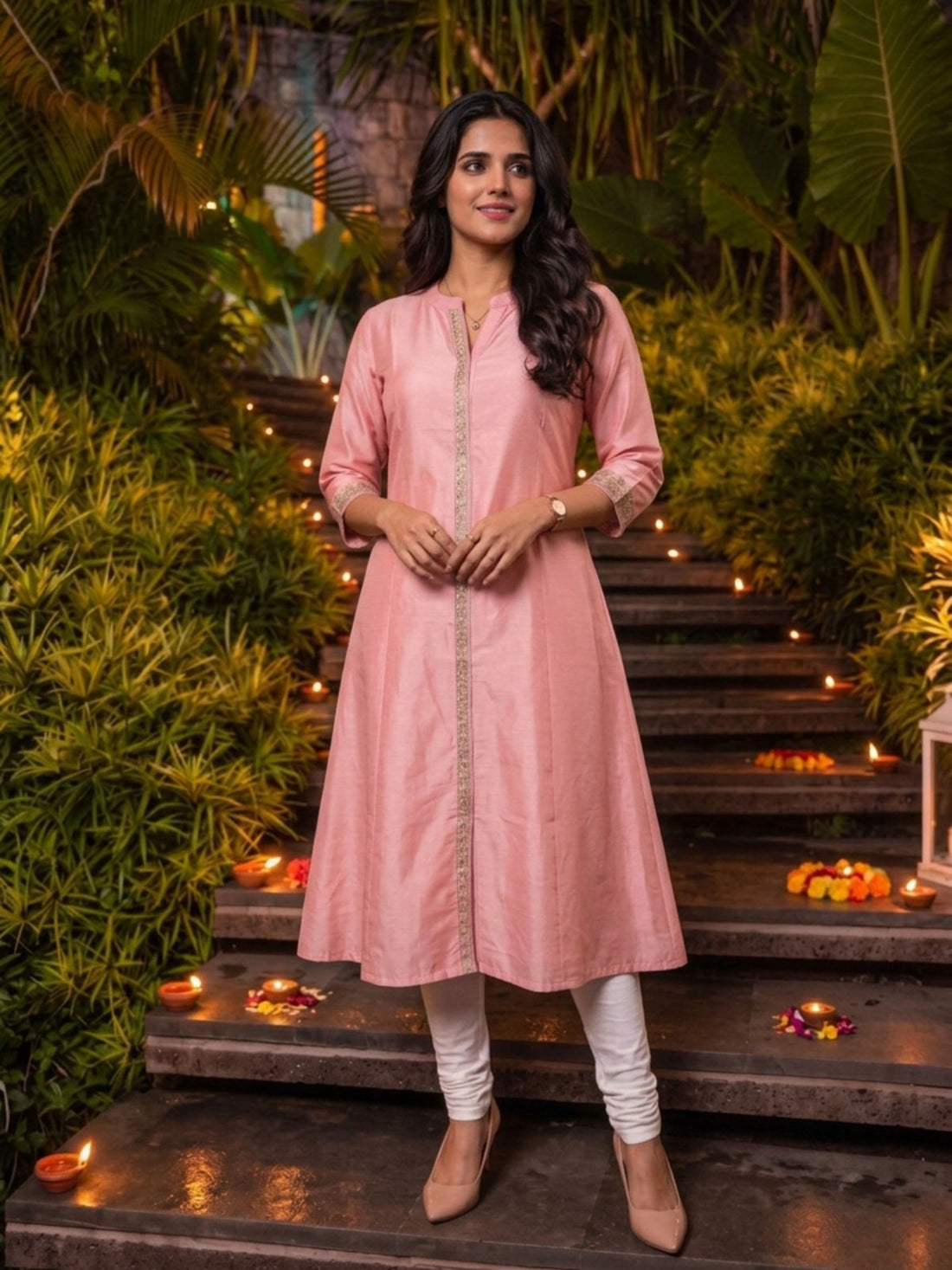 Buy Viscose Embroidered A-Line Calf Length Kurta-Peach