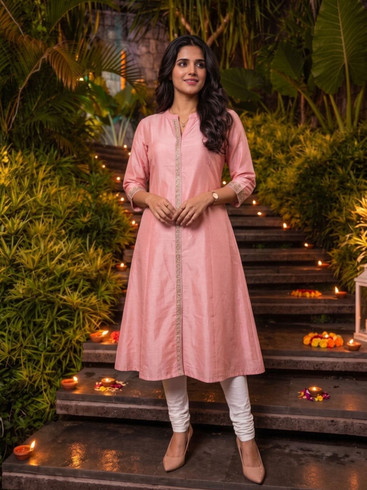 Buy Viscose Embroidered A-Line Calf Length Kurta-Peach