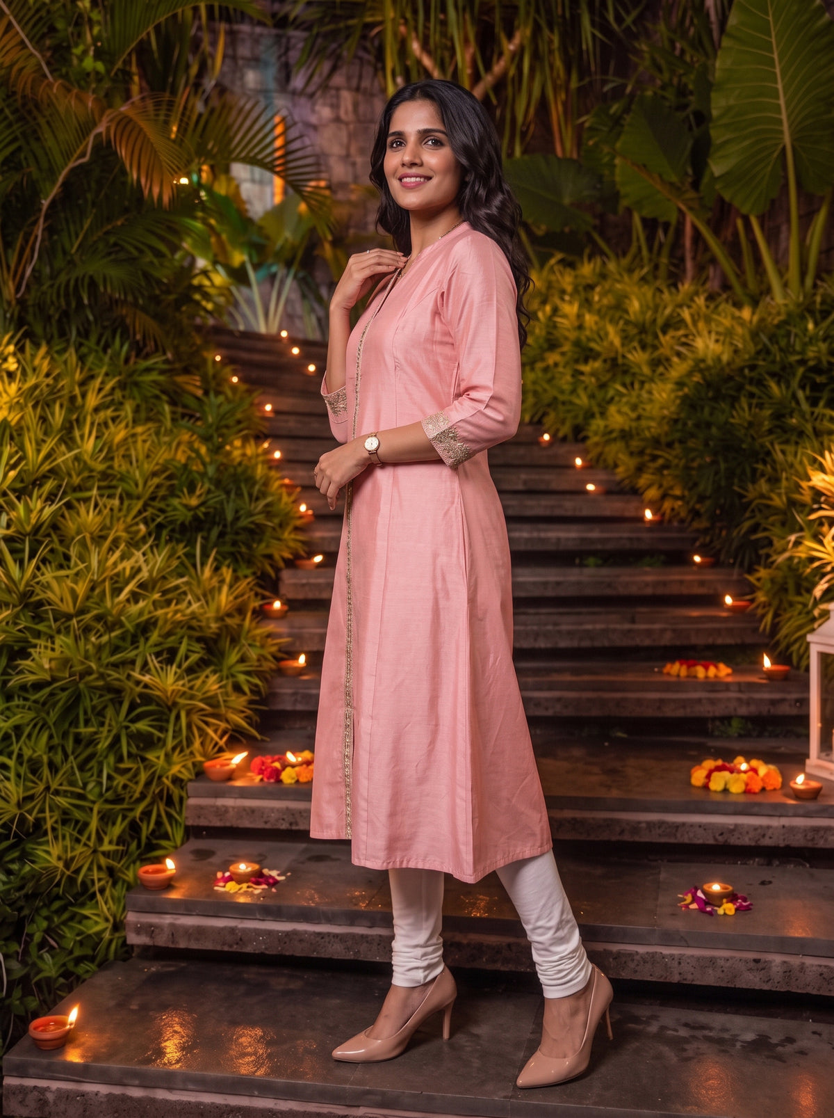 Buy Viscose Embroidered A-Line Calf Length Kurta-Peach