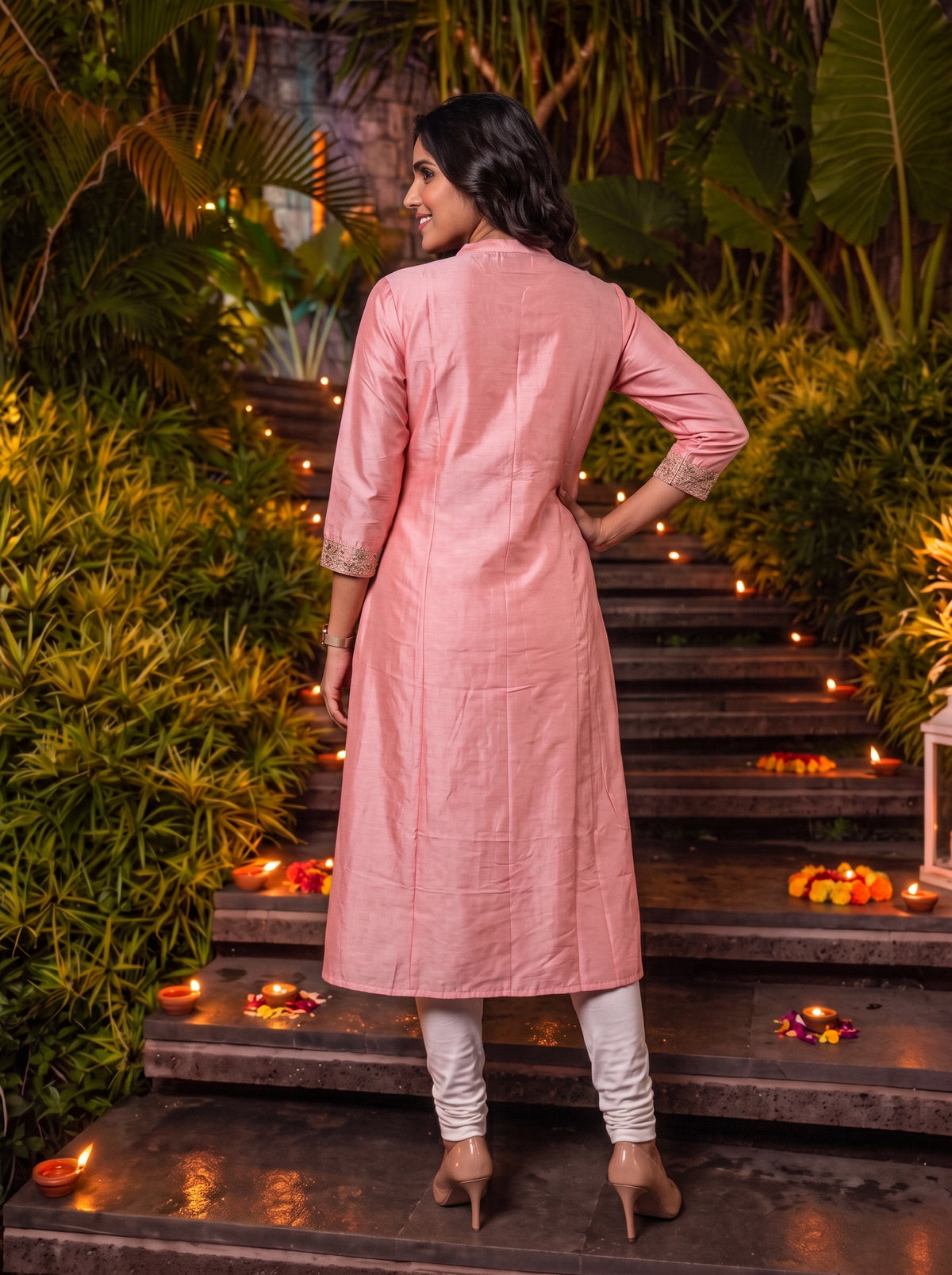 Buy Viscose Embroidered A-Line Calf Length Kurta-Peach