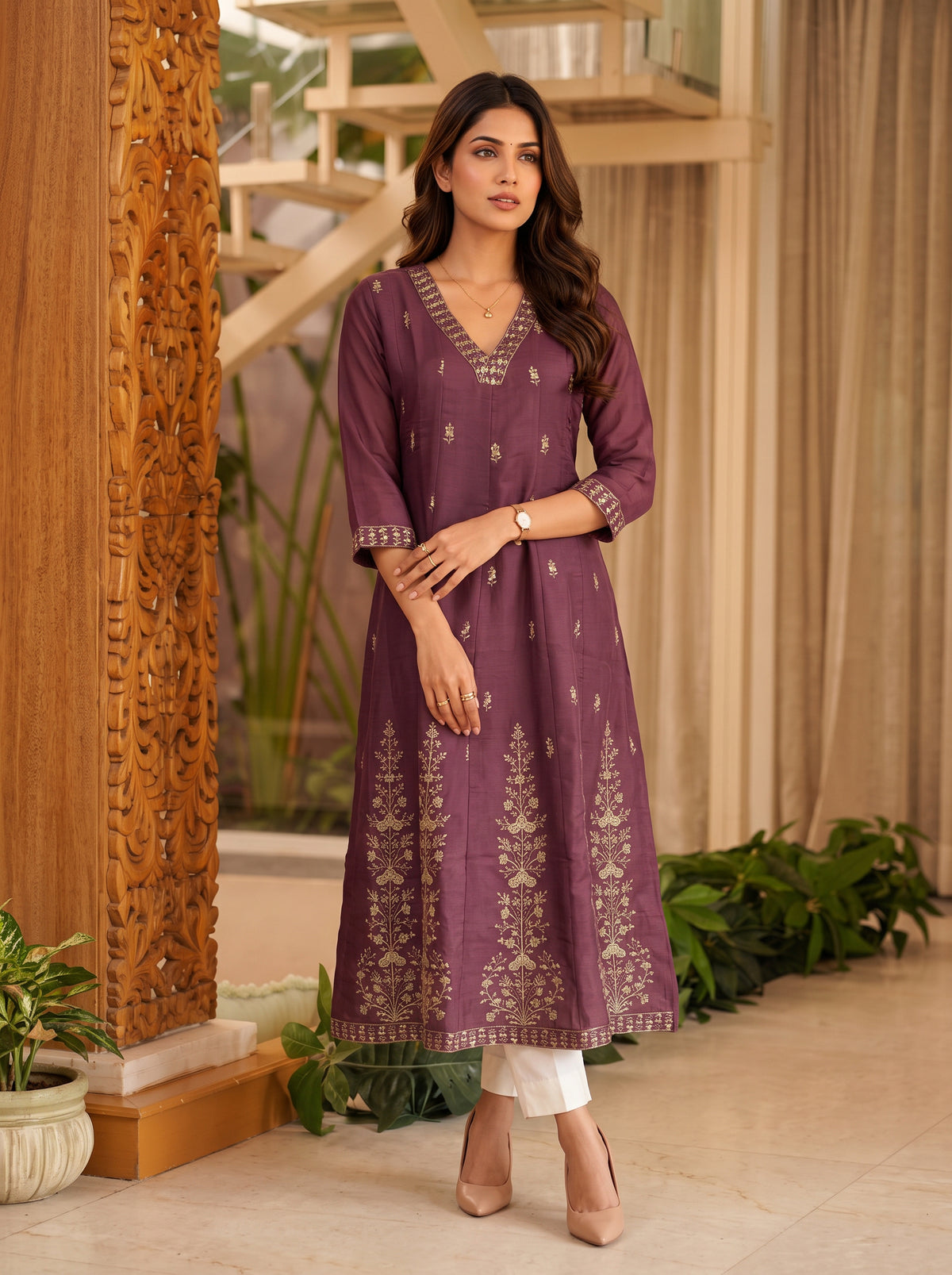 Chanderi Embroidered Flared Calf Length Kurta