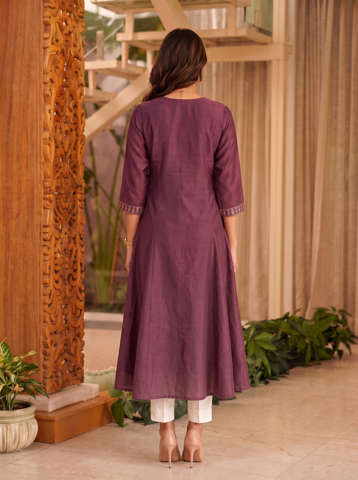 Buy Chanderi Embroidered Flared Calf Length Kurta-Purple
