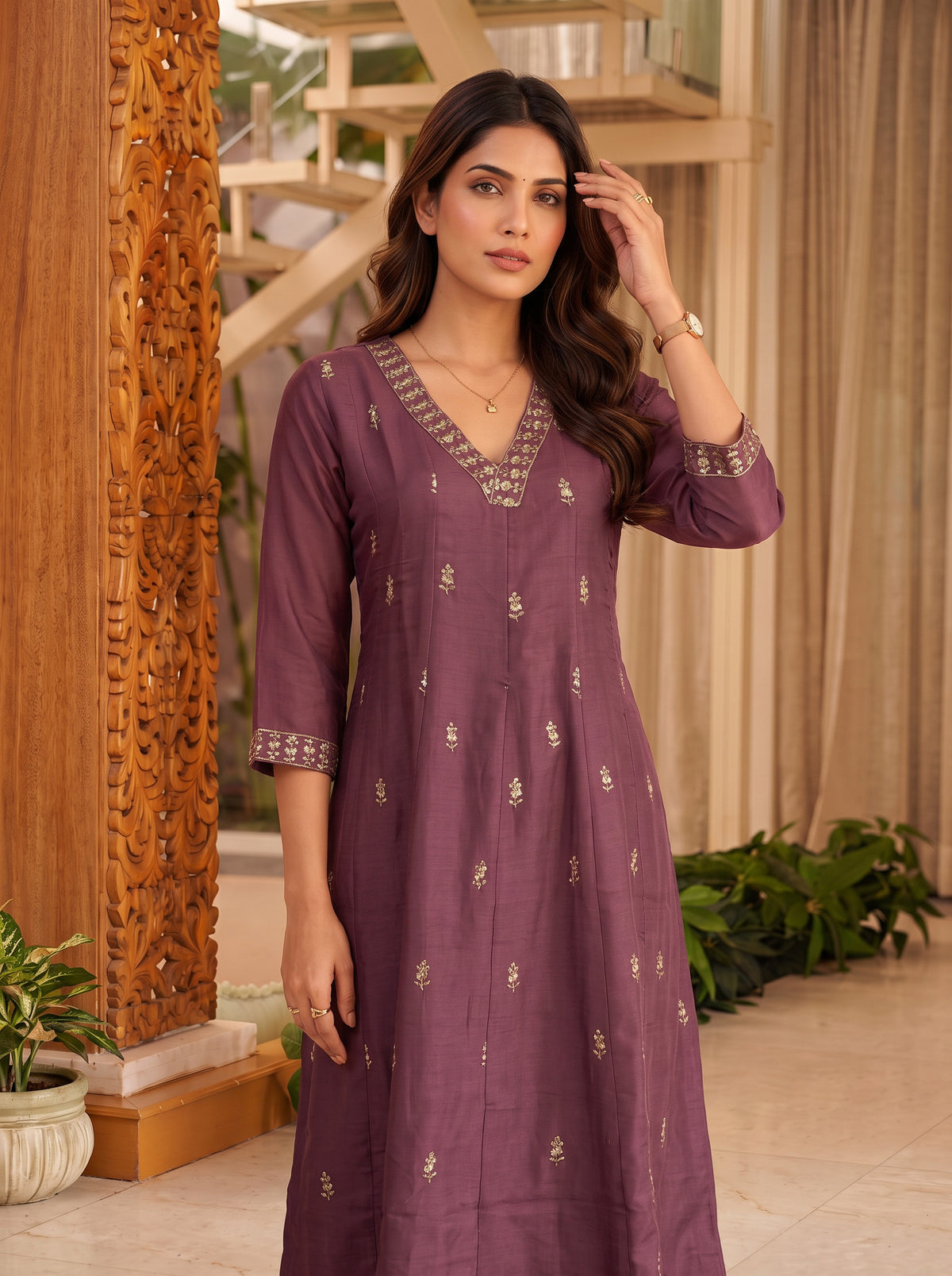 Buy Chanderi Embroidered Flared Calf Length Kurta-Purple