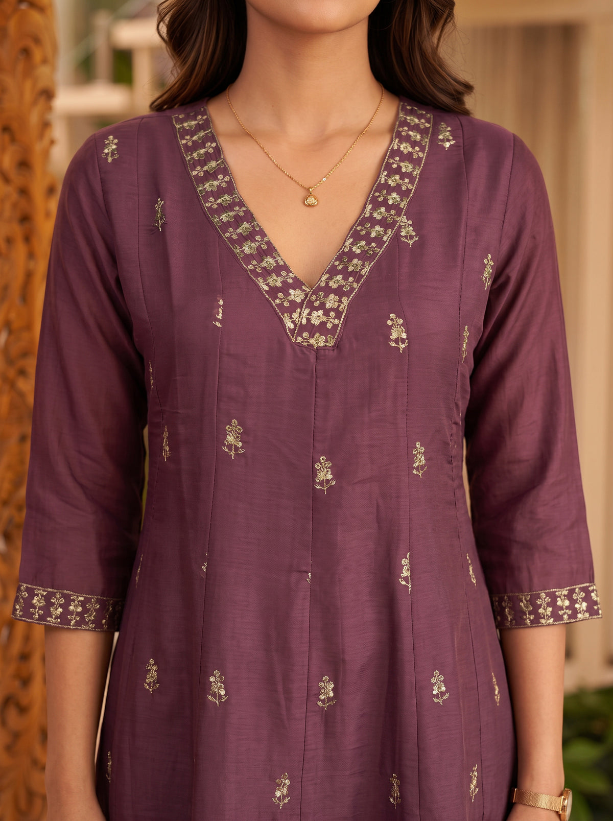 Chanderi Embroidered Flared Calf Length Kurta