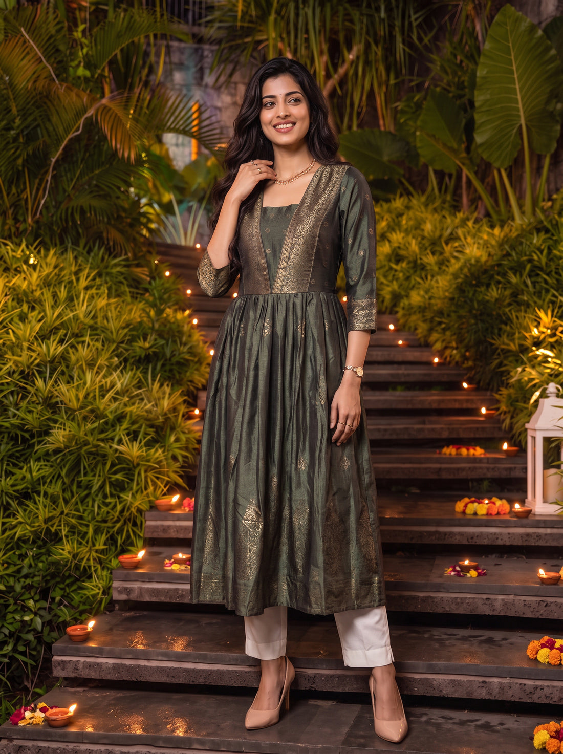Buy Viscose Printed Flared Calf Length Kurta-Green