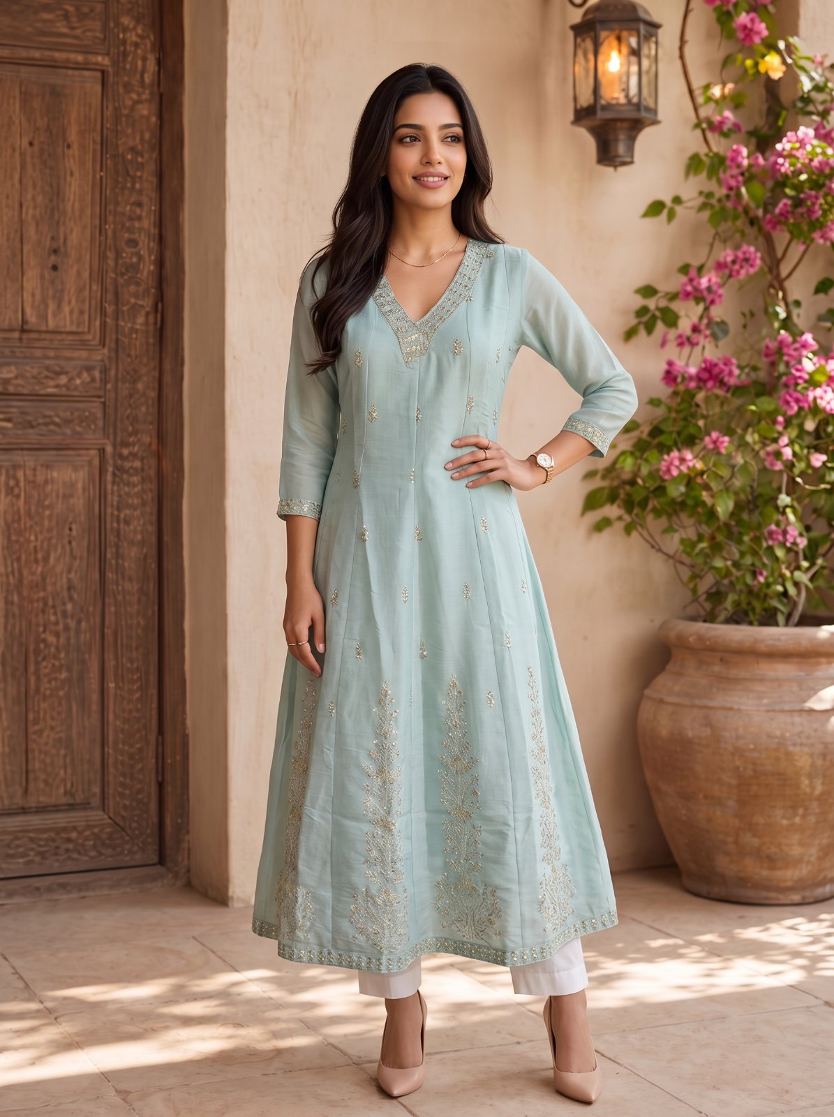 Chanderi Embroidered Flared Calf Length Kurta
