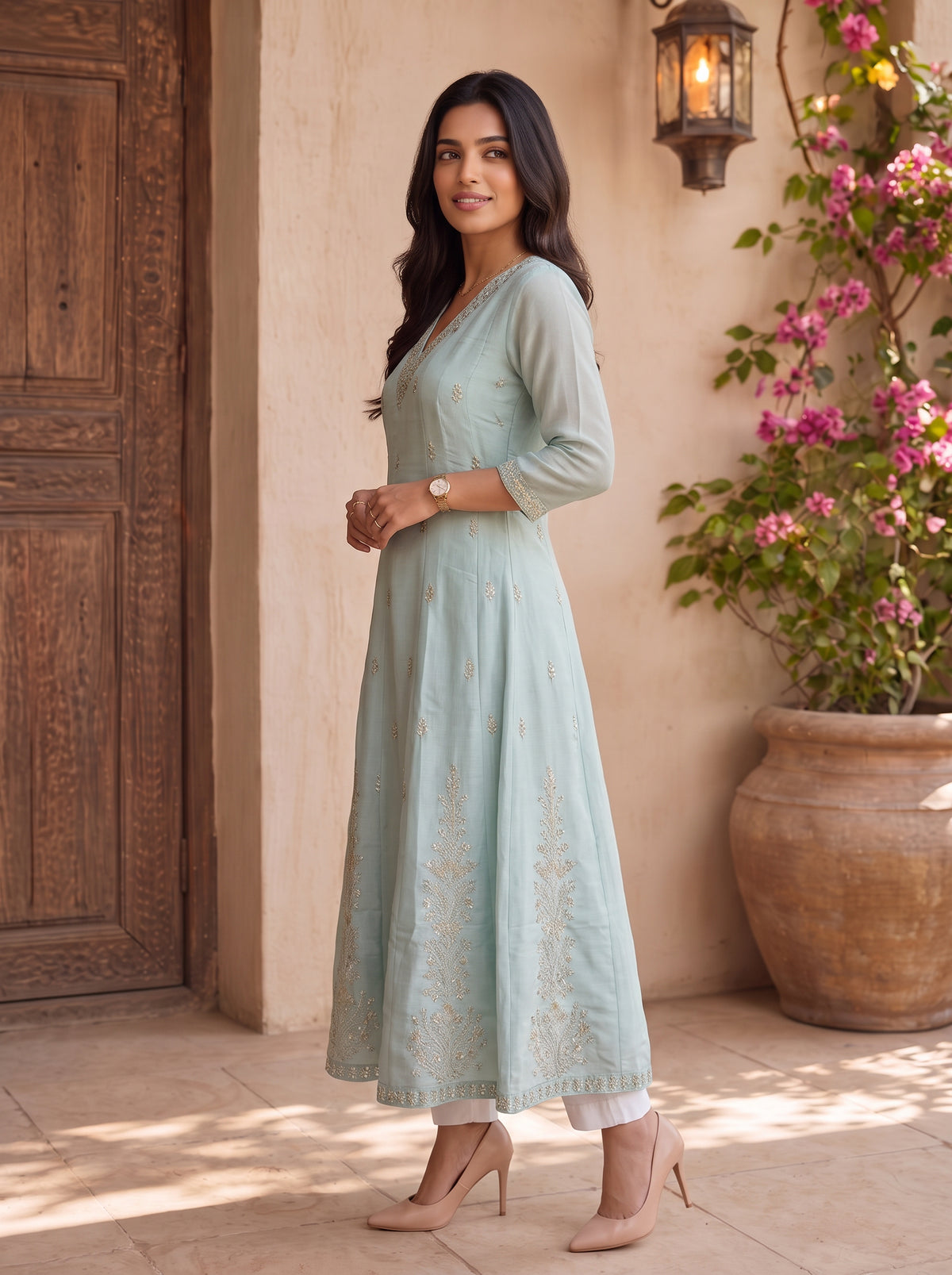 Chanderi Embroidered Flared Calf Length Kurta