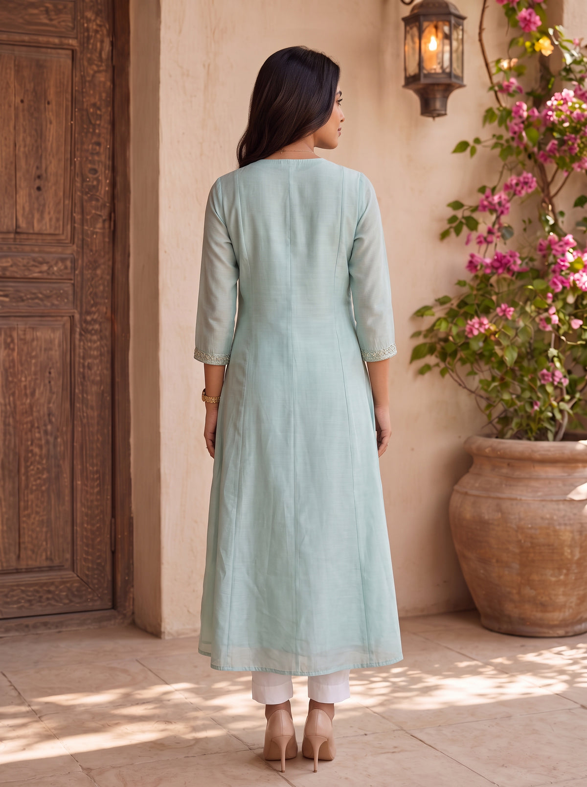 Buy Chanderi Embroidered Flared Calf Length Kurta-Blue