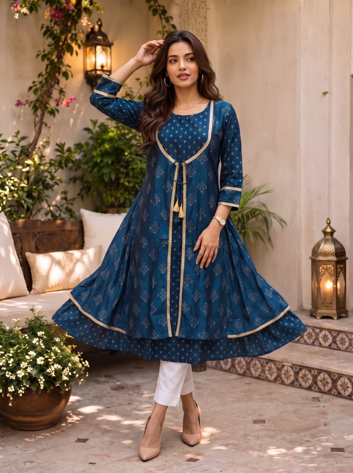 Buy Viscose Printed Flared Calf Length Kurta-Blue
