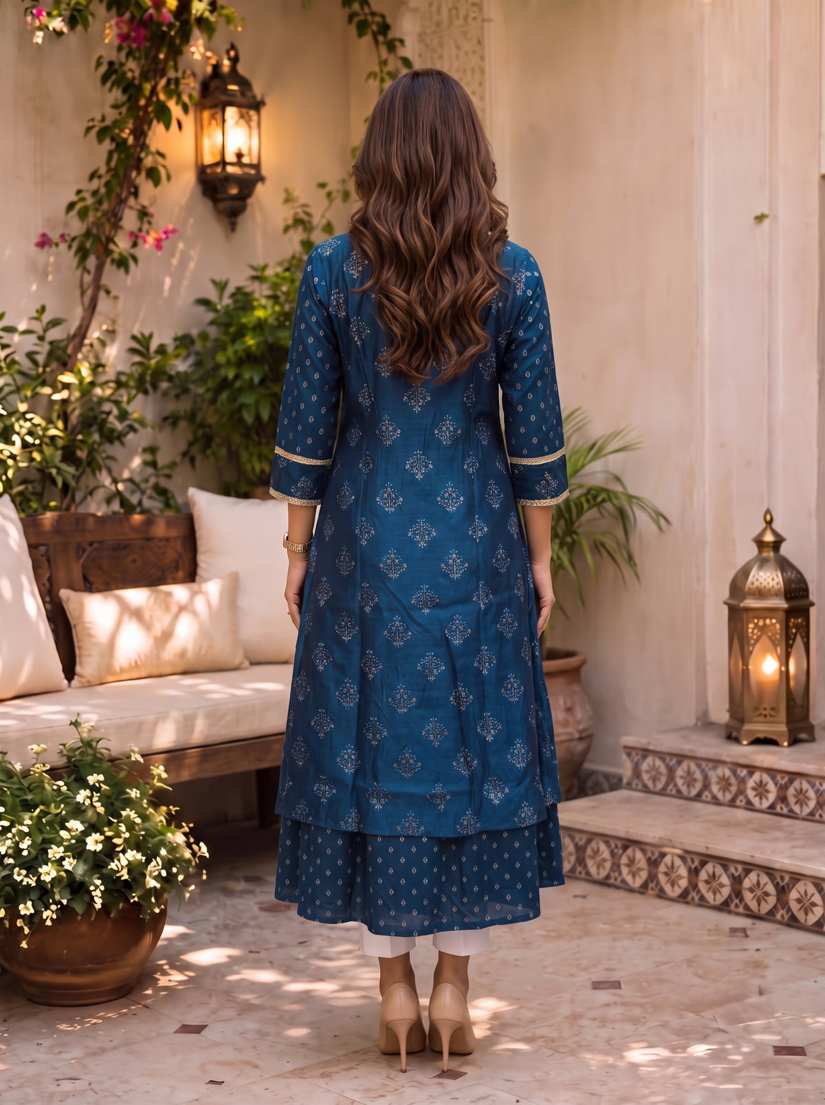 Buy Viscose Printed Flared Calf Length Kurta-Blue