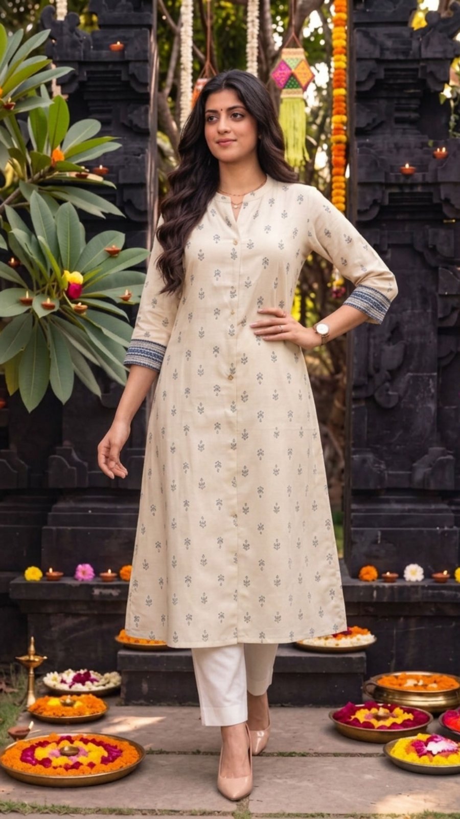 Buy Cotton Printed Flared Calf Length Kurta-Cream